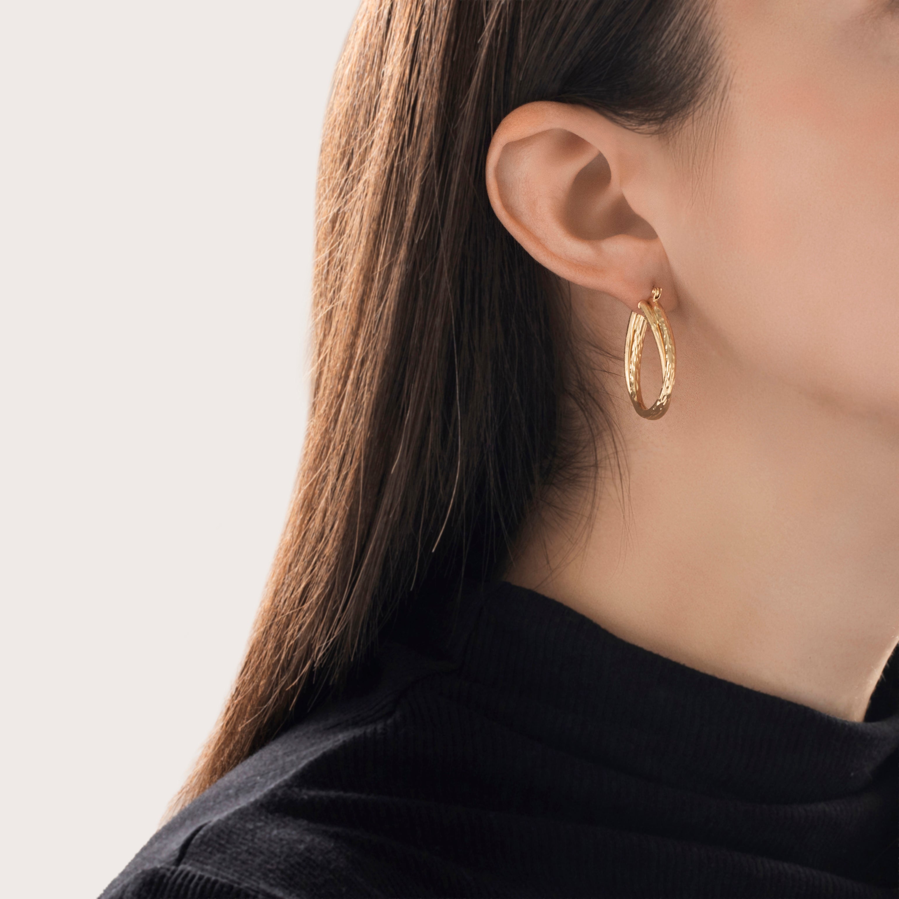 Vintage 14k Yellow Gold Textured Layered Teardrop Hoop Earrings - On model view