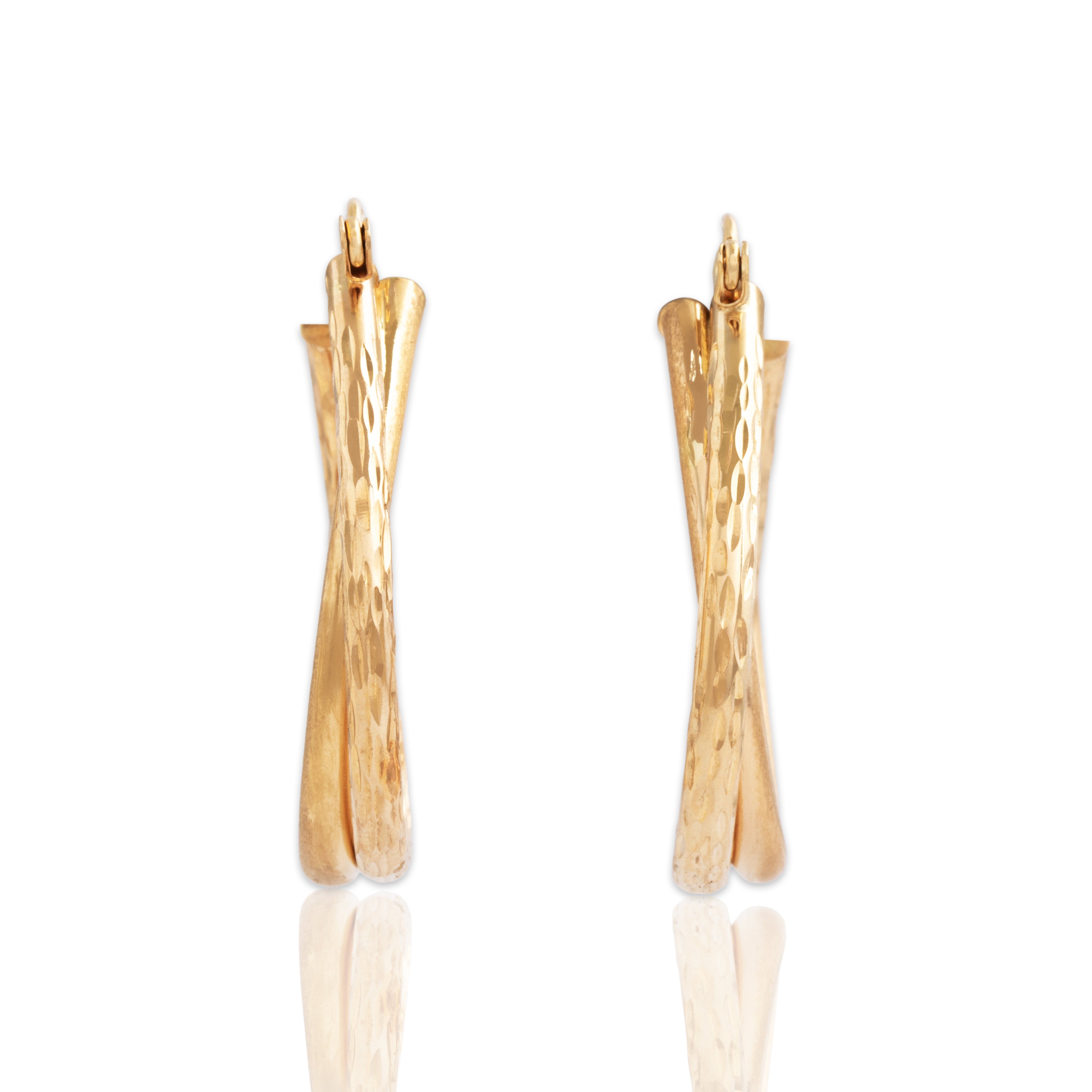 Vintage 14k Yellow Gold Textured Layered Teardrop Hoop Earrings - Close-up view