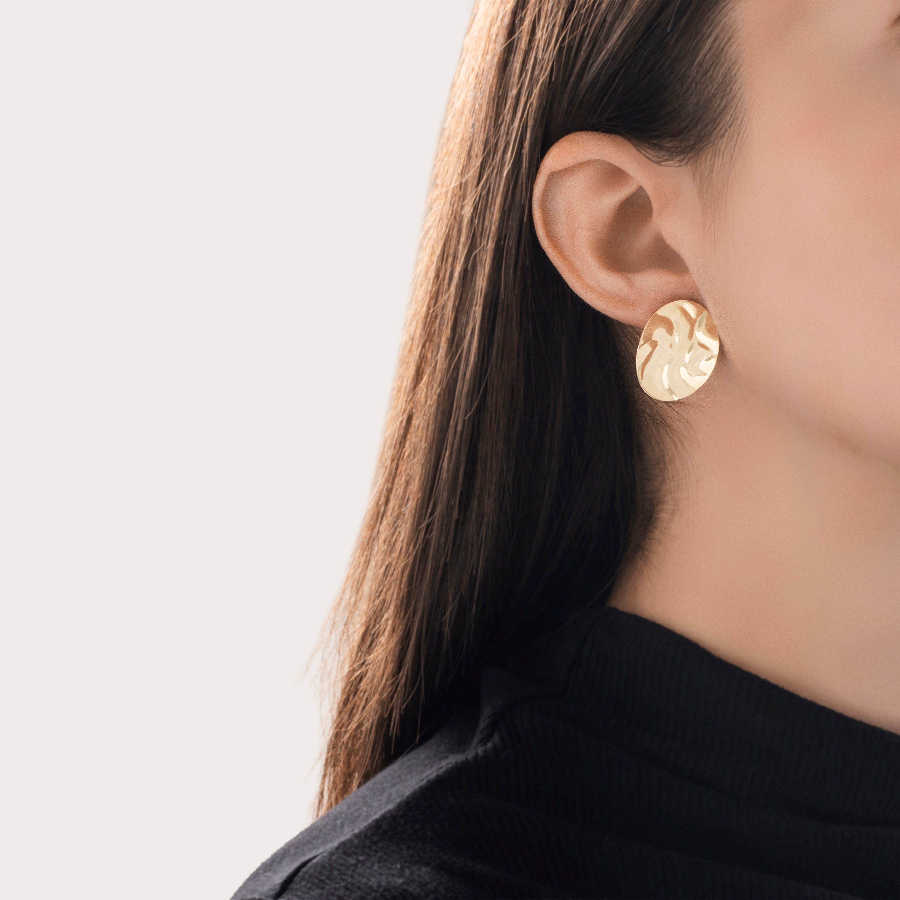 Vintage Large 14k Yellow Gold Wavy Abstract Disc Stud Earrings - On model view