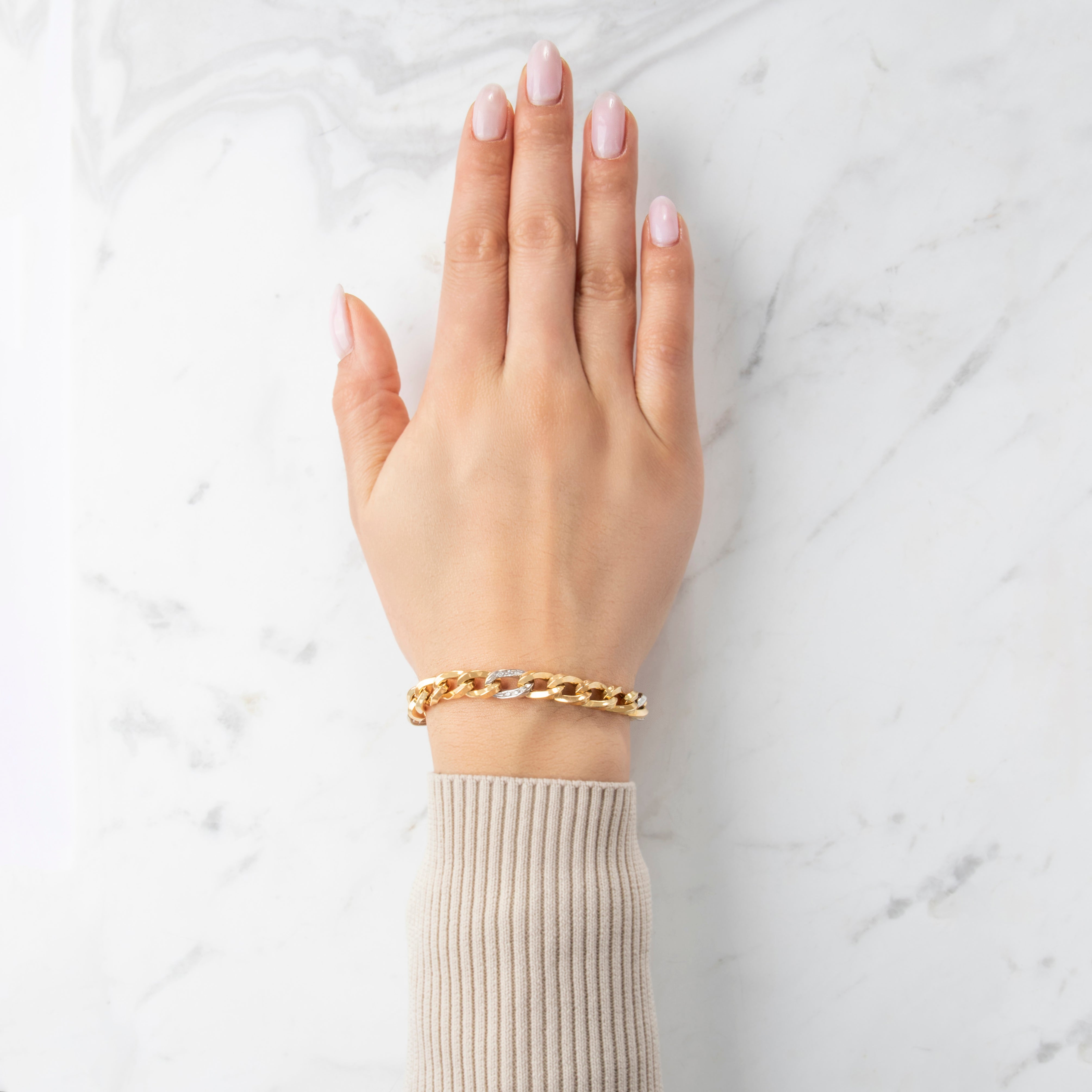 Vintage Italian 18k Yellow & White Gold Diamond Stunning Curb Link Bracelet - On model view