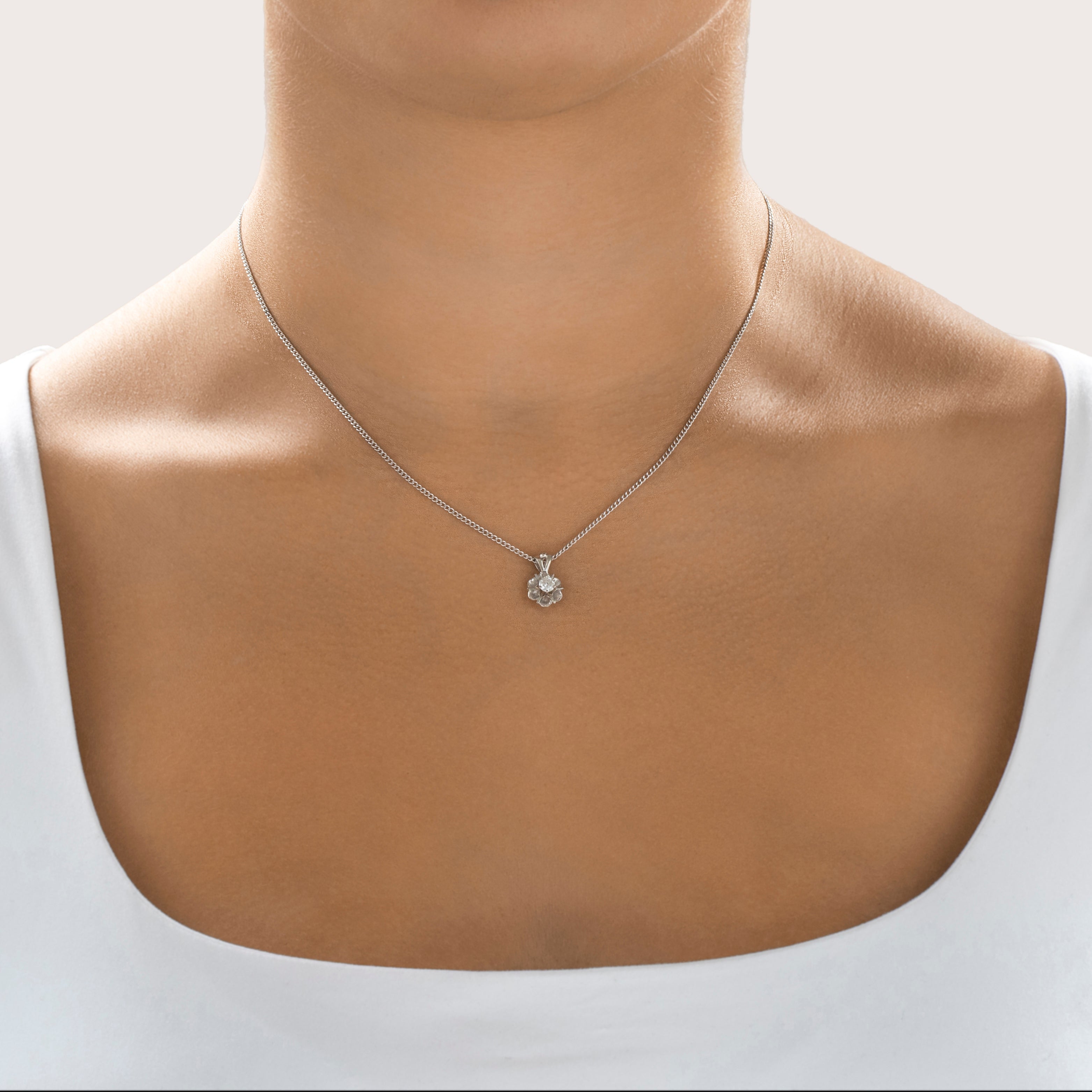 Vintage 14k White Gold Diamond Floral Solitaire Pendant - On model view