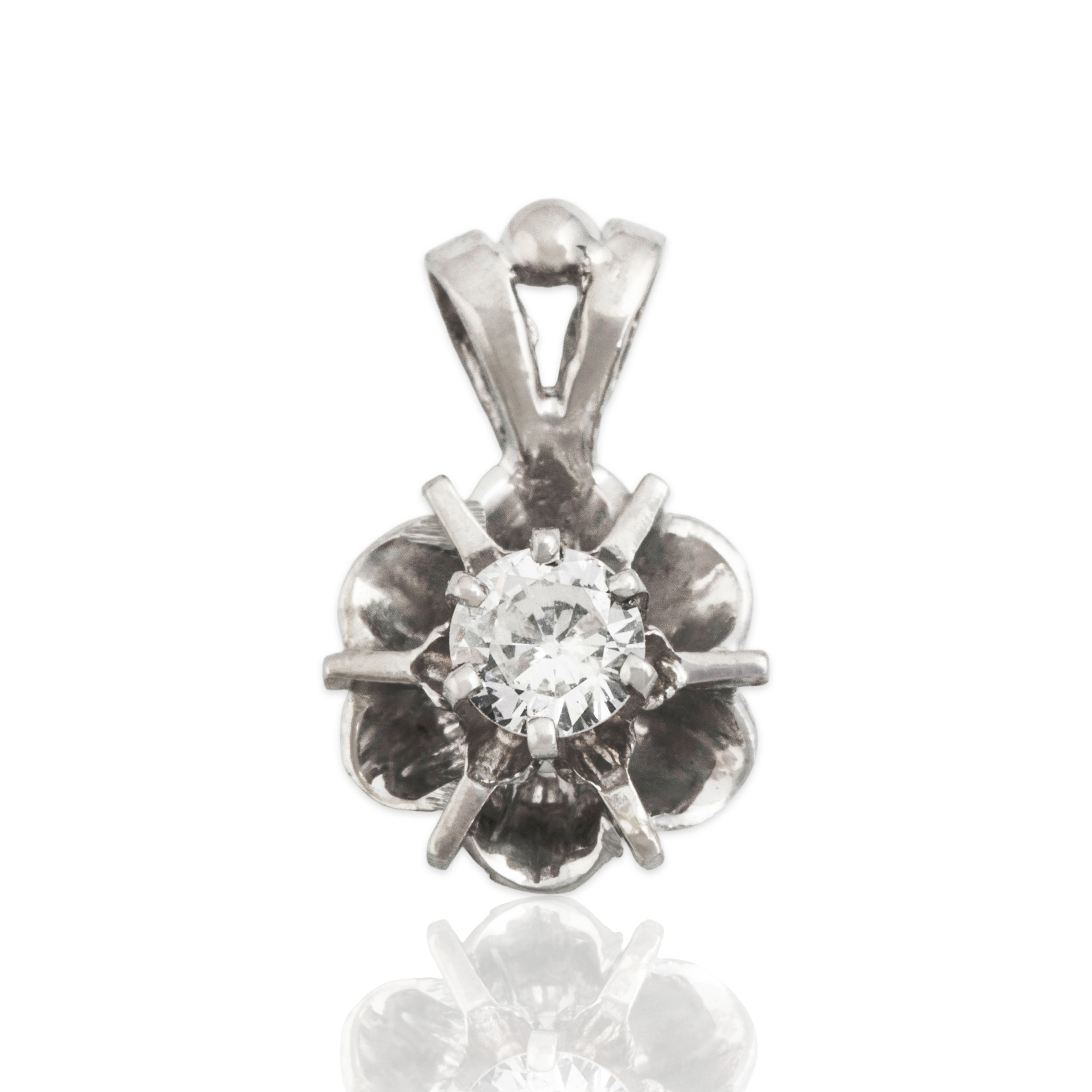Vintage 14k White Gold Diamond Lovely Floral Solitaire Pendant - Close-up view