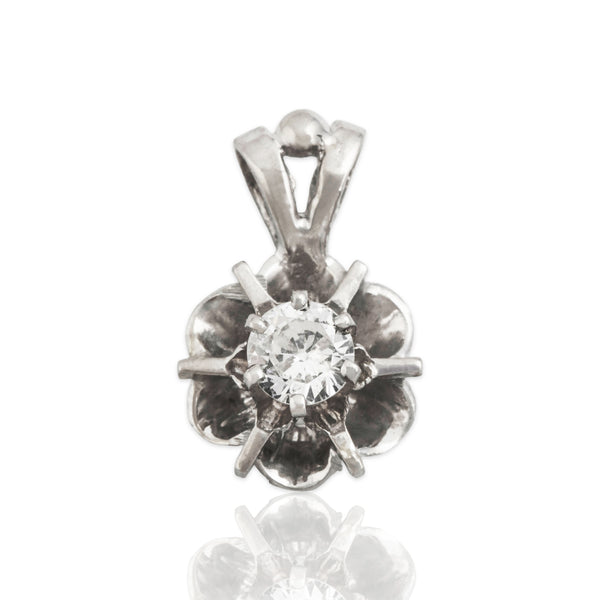 Vintage 14k White Gold Diamond Lovely Floral Solitaire Pendant