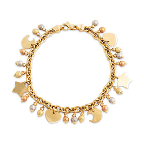 Vintage Italian 14k Tricolor Gold Delightful Celestial Charm Bracelet 6.75"