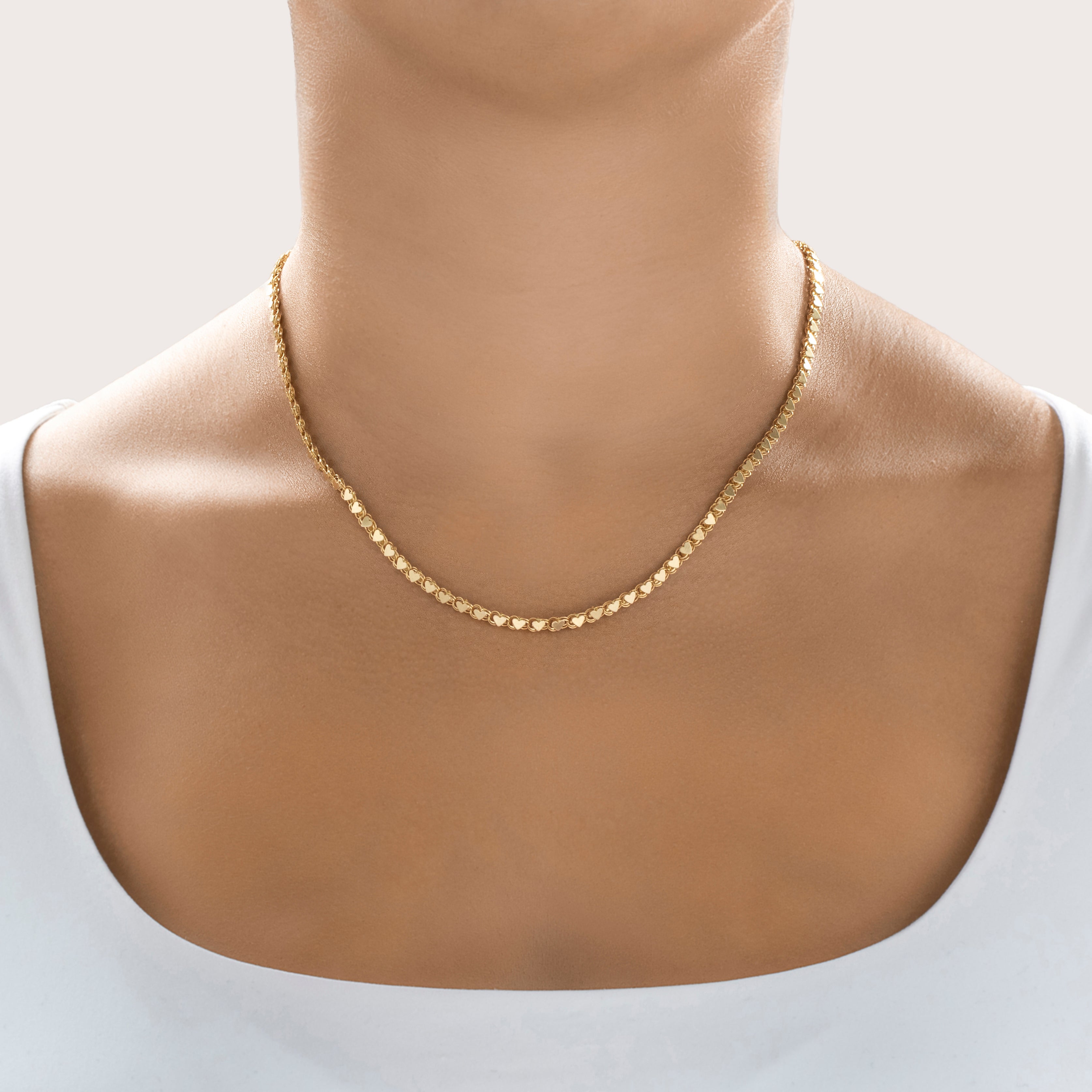 Vintage 14k Yellow Gold Mini Heart Link Necklace - On model view