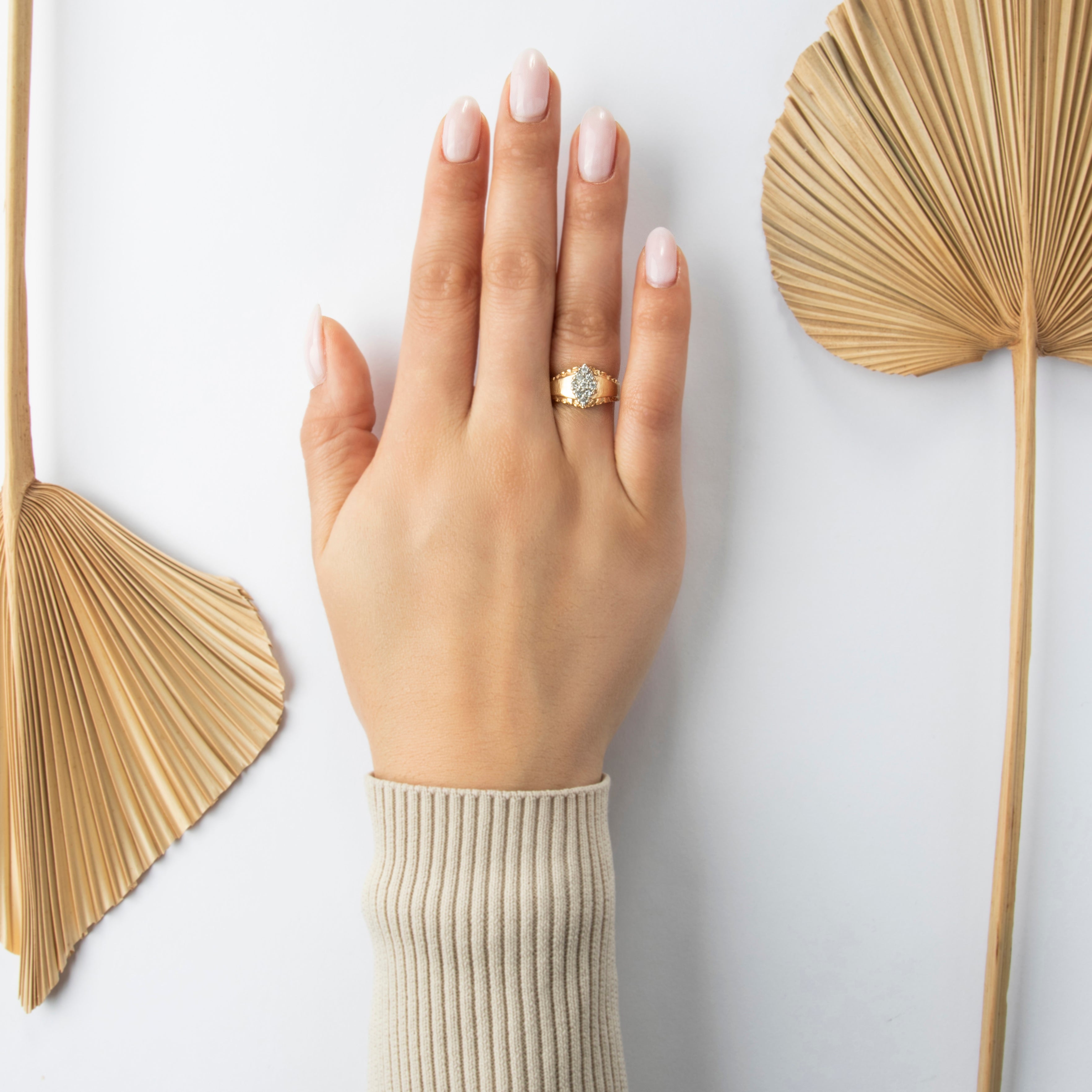 Vintage 14k Yellow Gold Diamond Statement Shield Cluster Ring - On model view