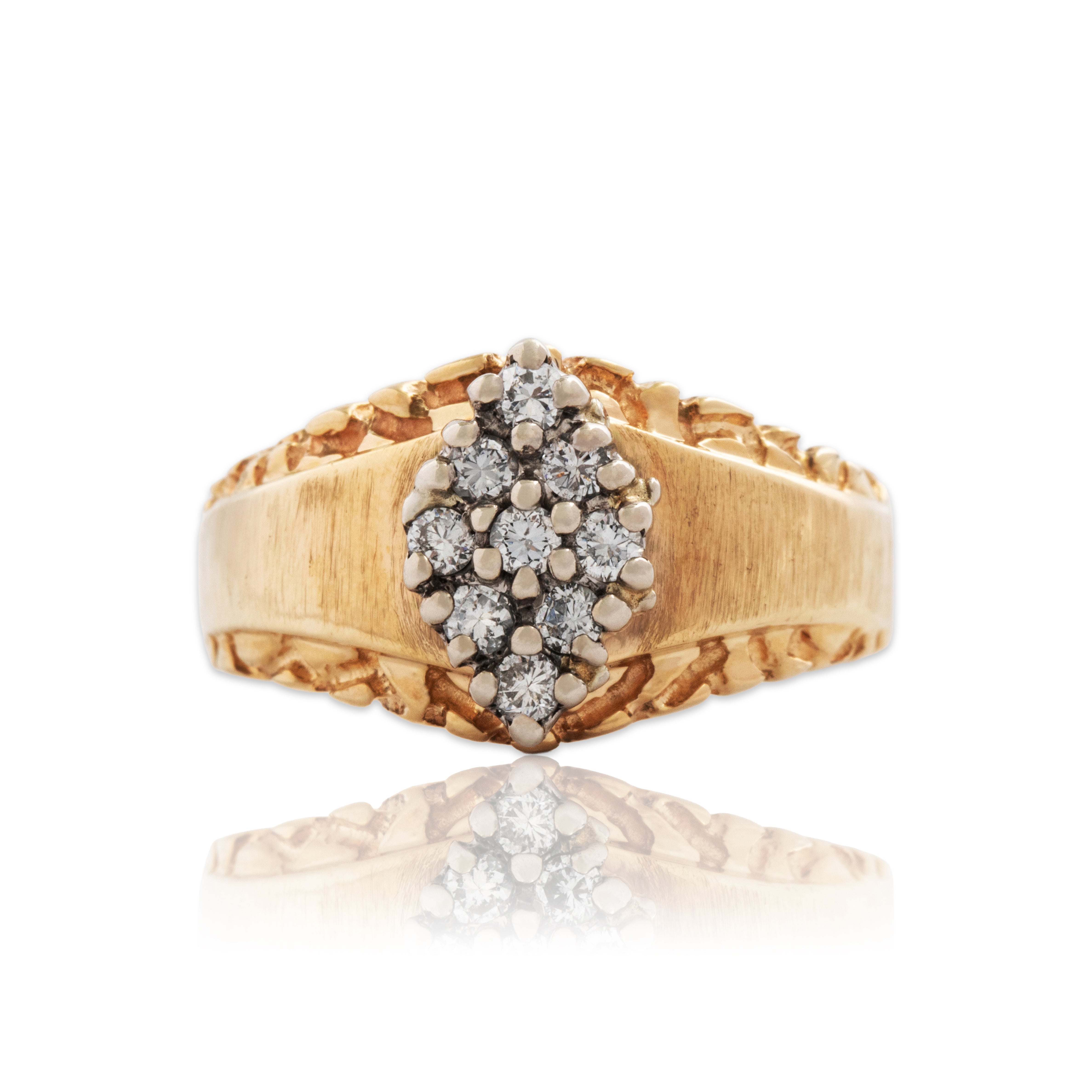 Vintage 14k Yellow Gold Diamond Statement Shield Cluster Ring 6.50