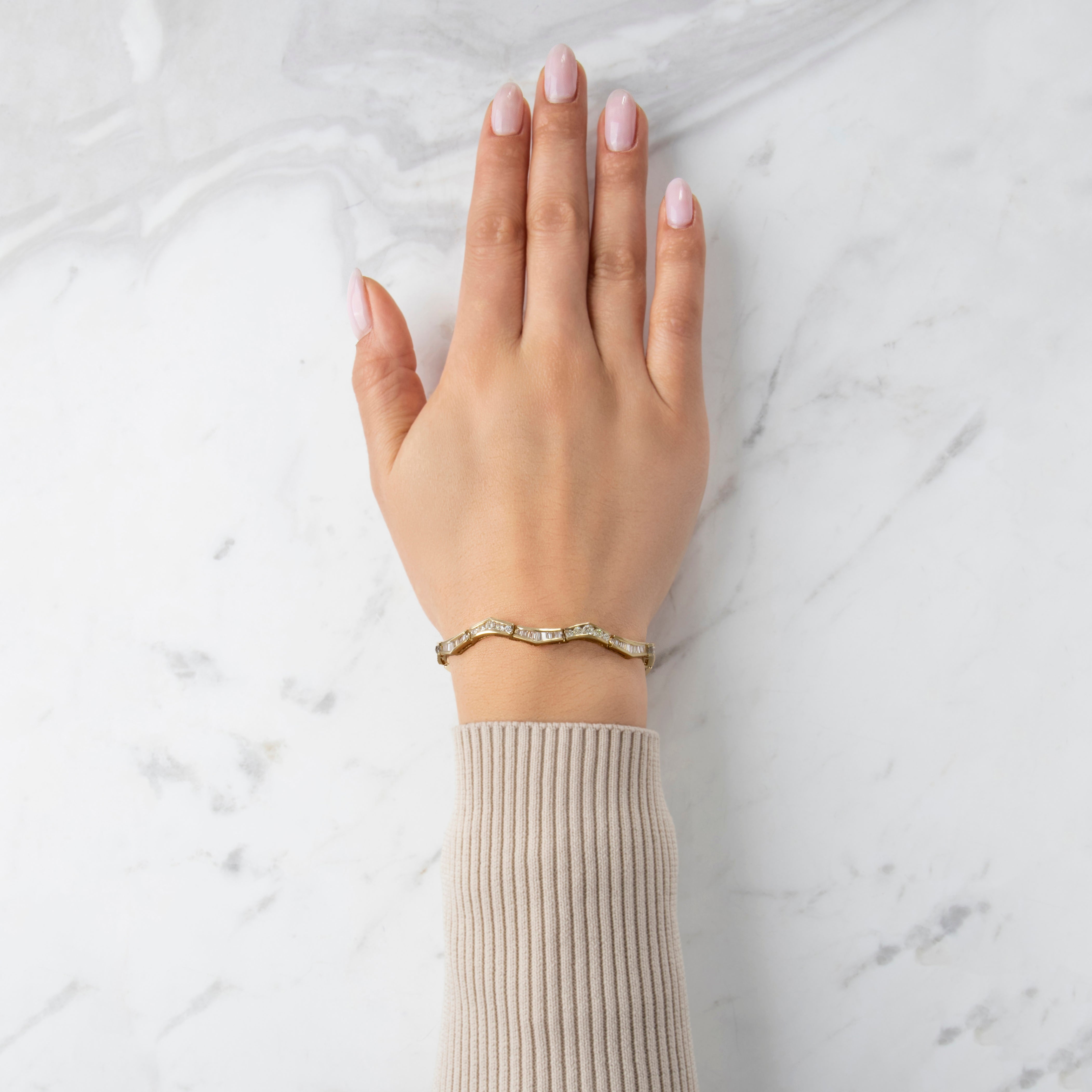 Vintage 14k Yellow Gold 3.7cttw Diamond Chic Sparkling Chevron Bracelet - On model view