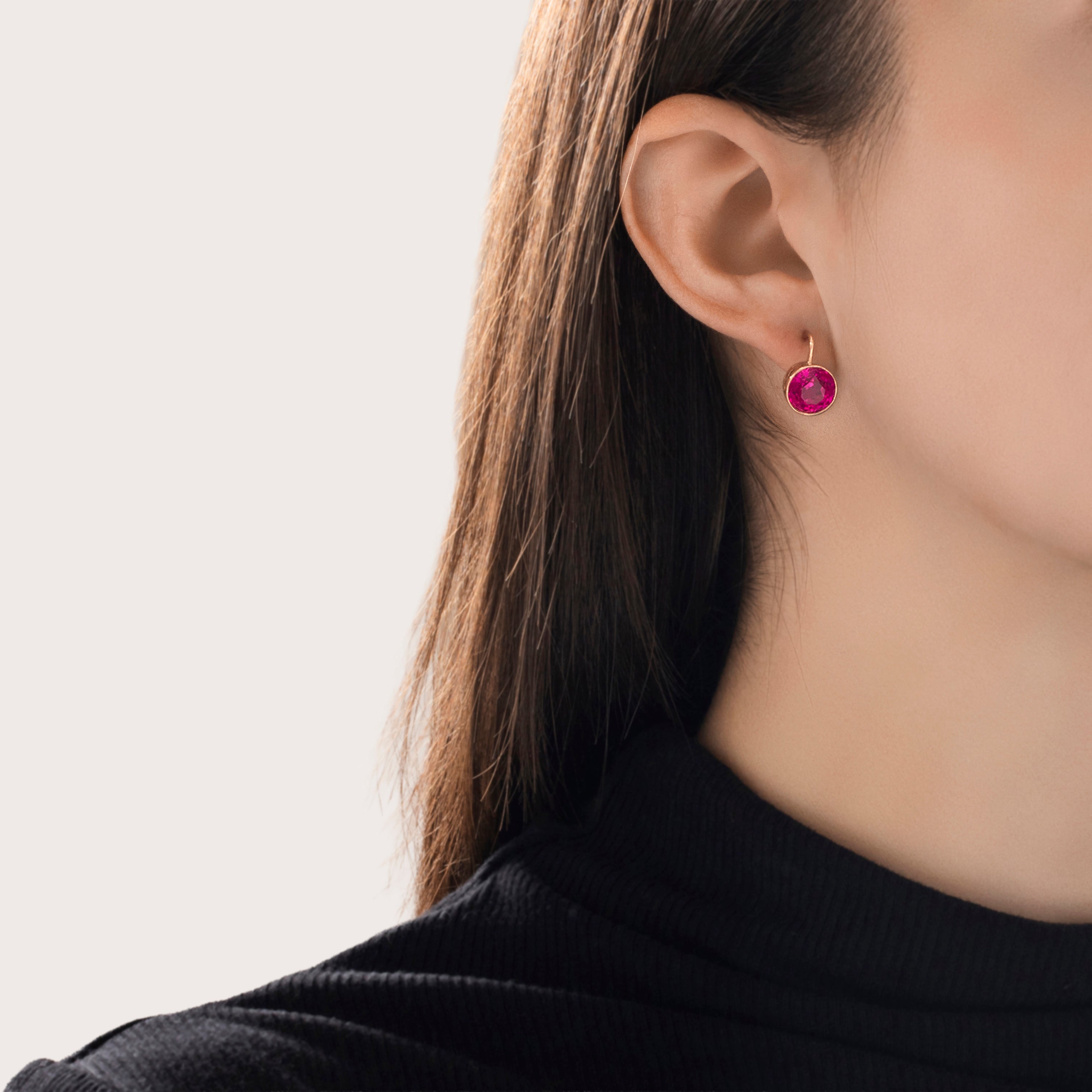 Vintage 14k Rose Gold 6.3cttw Synthetic Ruby Bright Round Drop Earrings - On model view