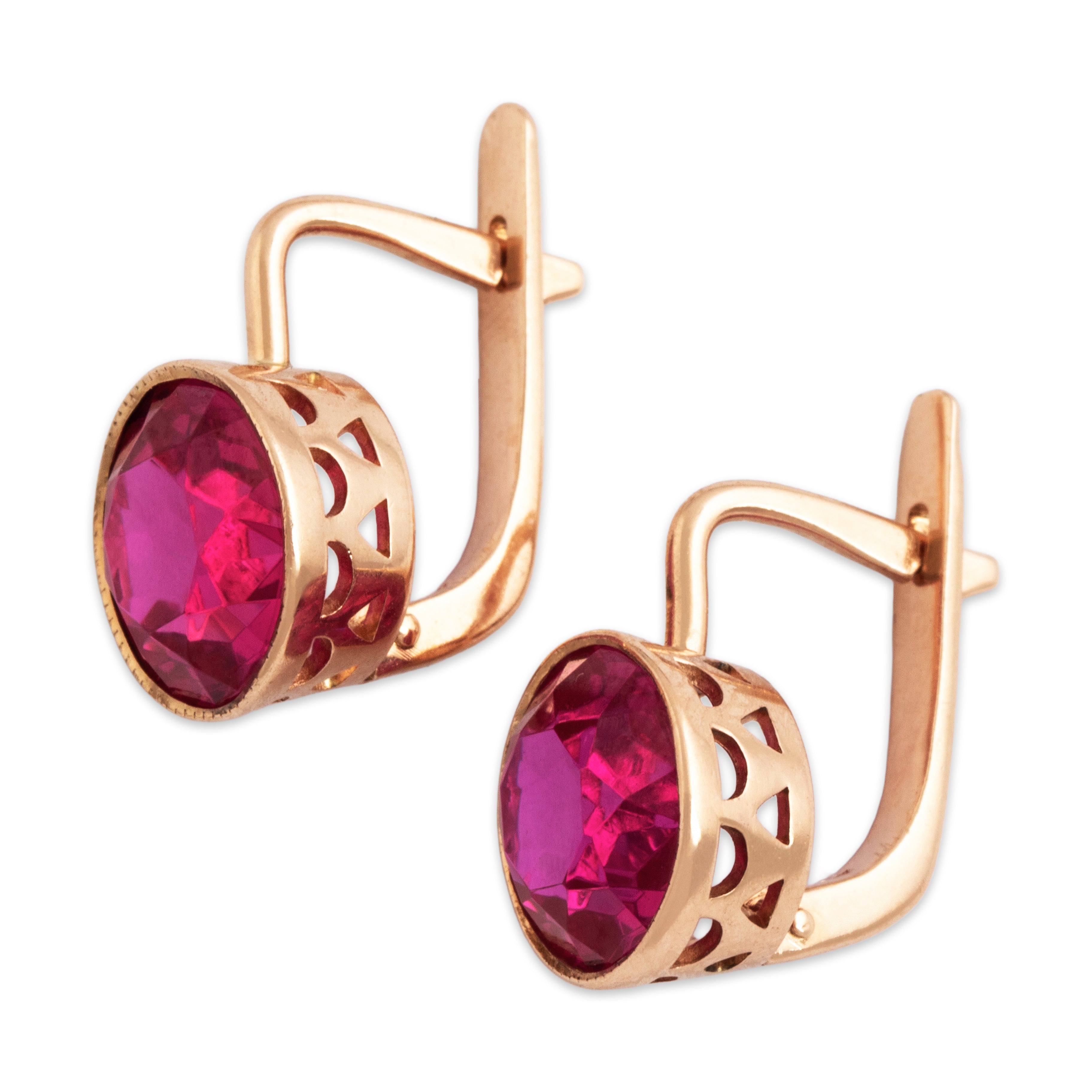 Vintage 14k Rose Gold 6.3cttw Synthetic Ruby Bright Round Drop Earrings - Side view