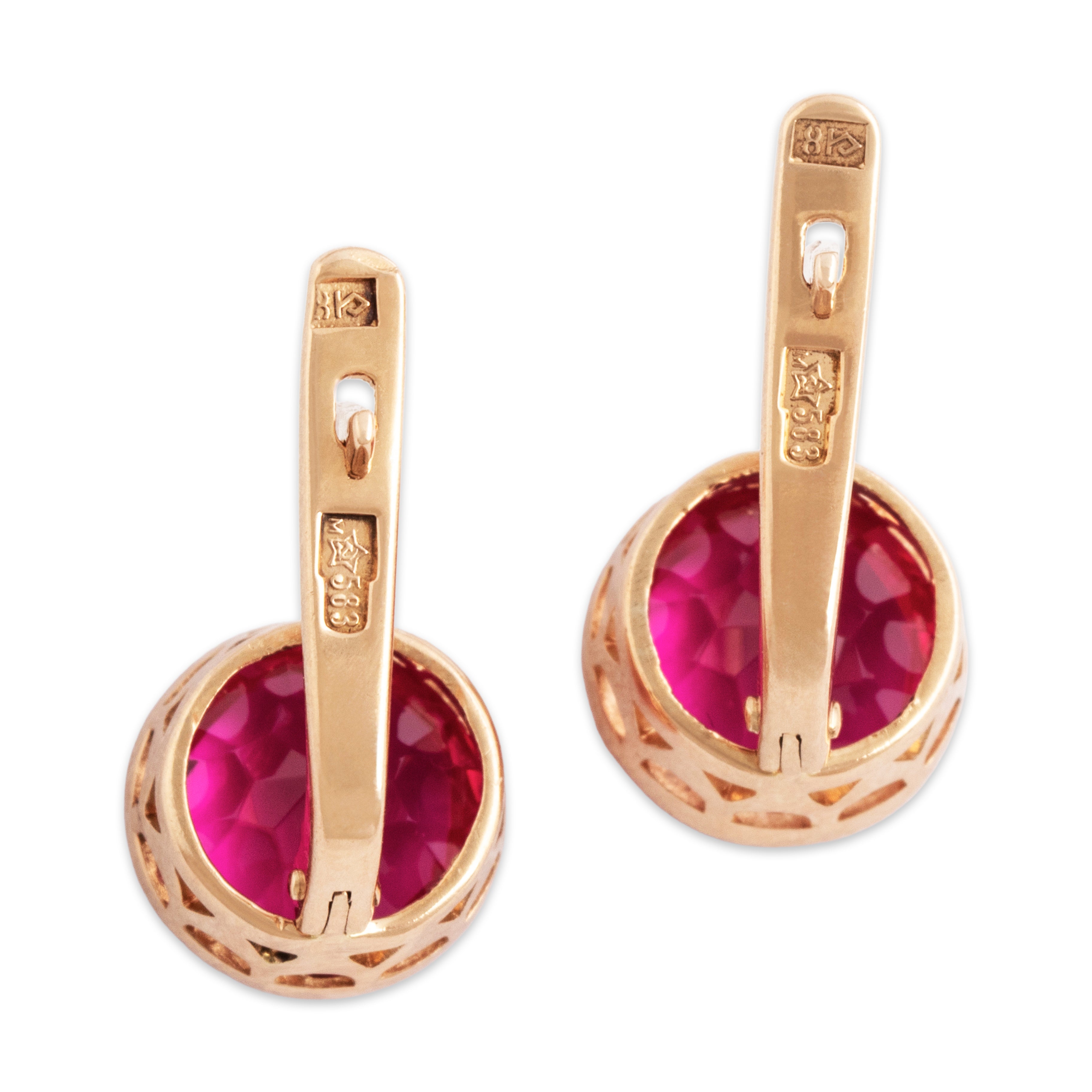 Vintage 14k Rose Gold 6.3cttw Synthetic Ruby Bright Round Drop Earrings - Back view