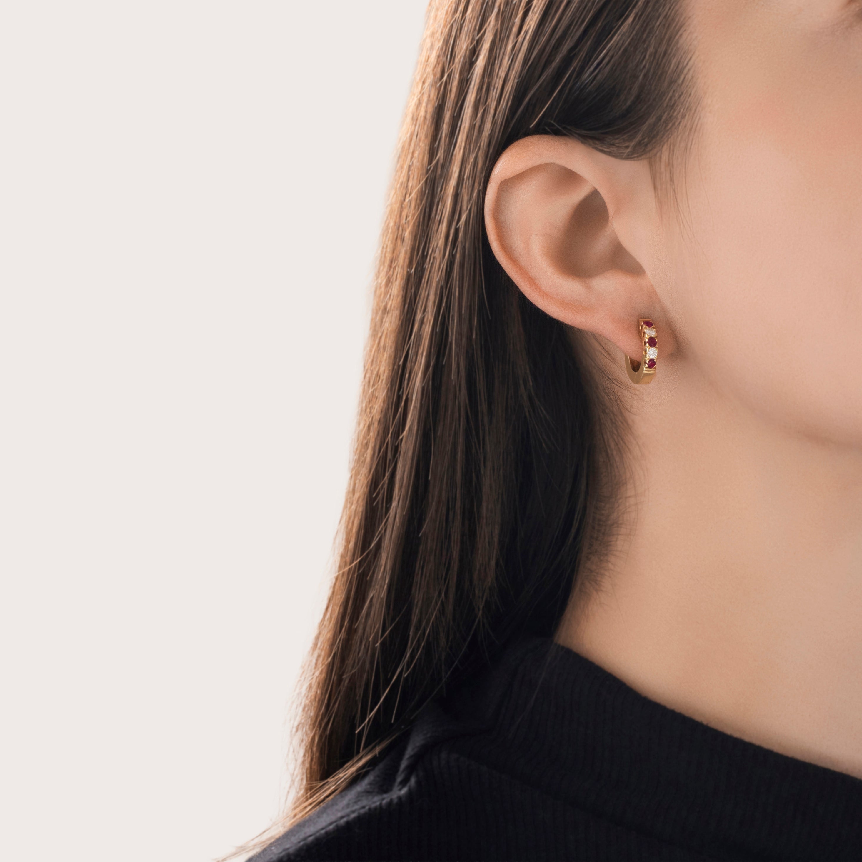 Vintage 18k Yellow Gold Ruby Diamond Beautiful Alternating Small Hoop Earrings - On model view