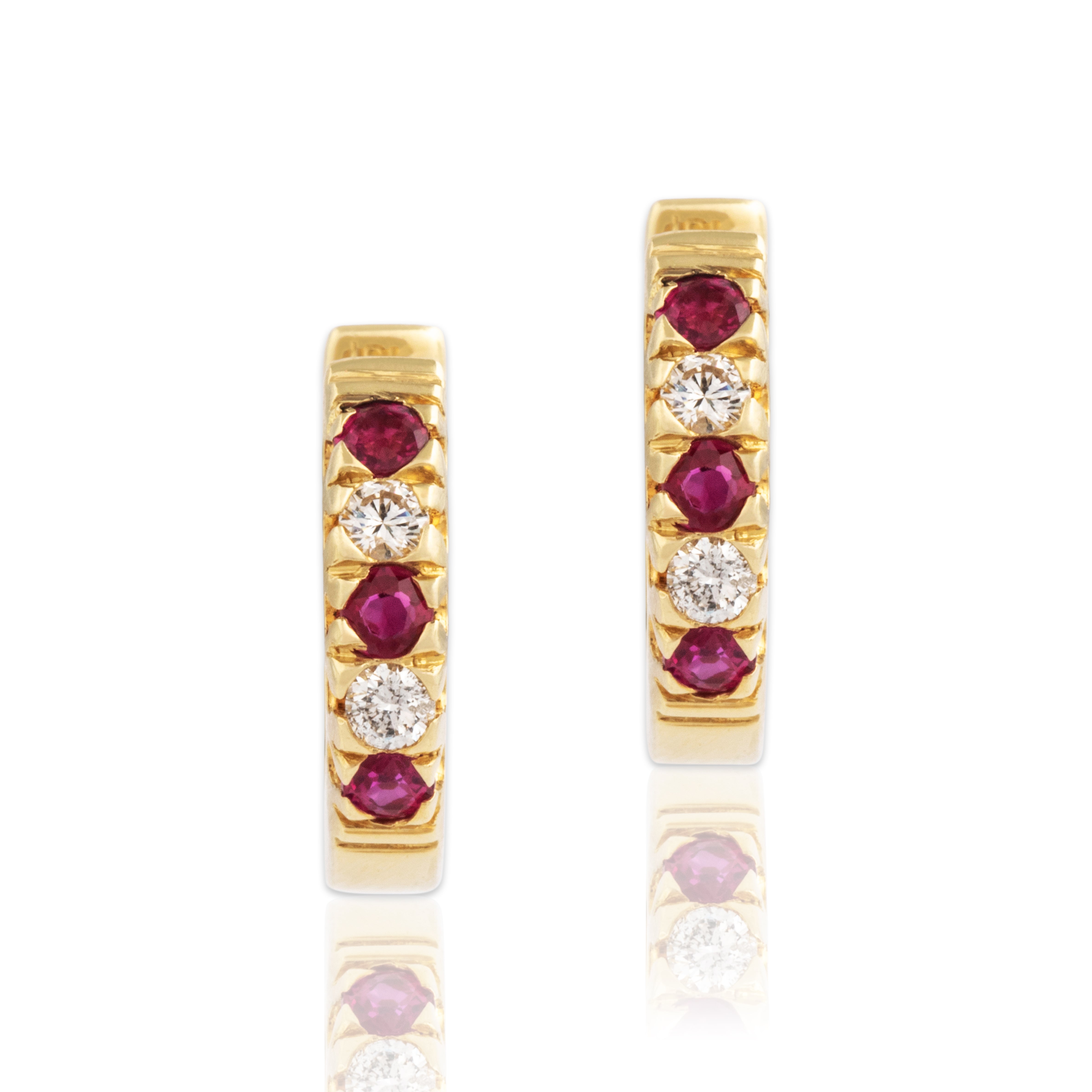 Vintage 18k Yellow Gold Ruby Diamond Beautiful Alternating Small Hoop Earrings - Close-up view