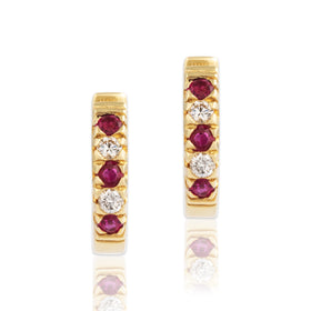 Vintage 18k Yellow Gold Ruby Diamond Stunning Alternating Small Hoop Earrings