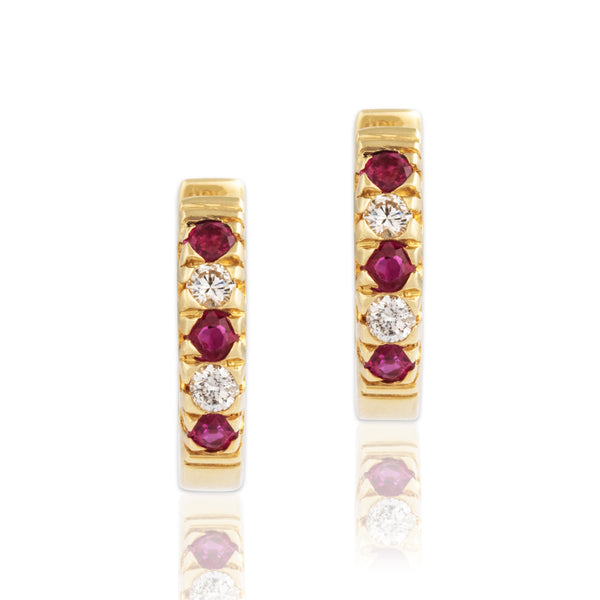 Vintage 18k Yellow Gold Ruby Diamond Stunning Alternating Small Hoop Earrings