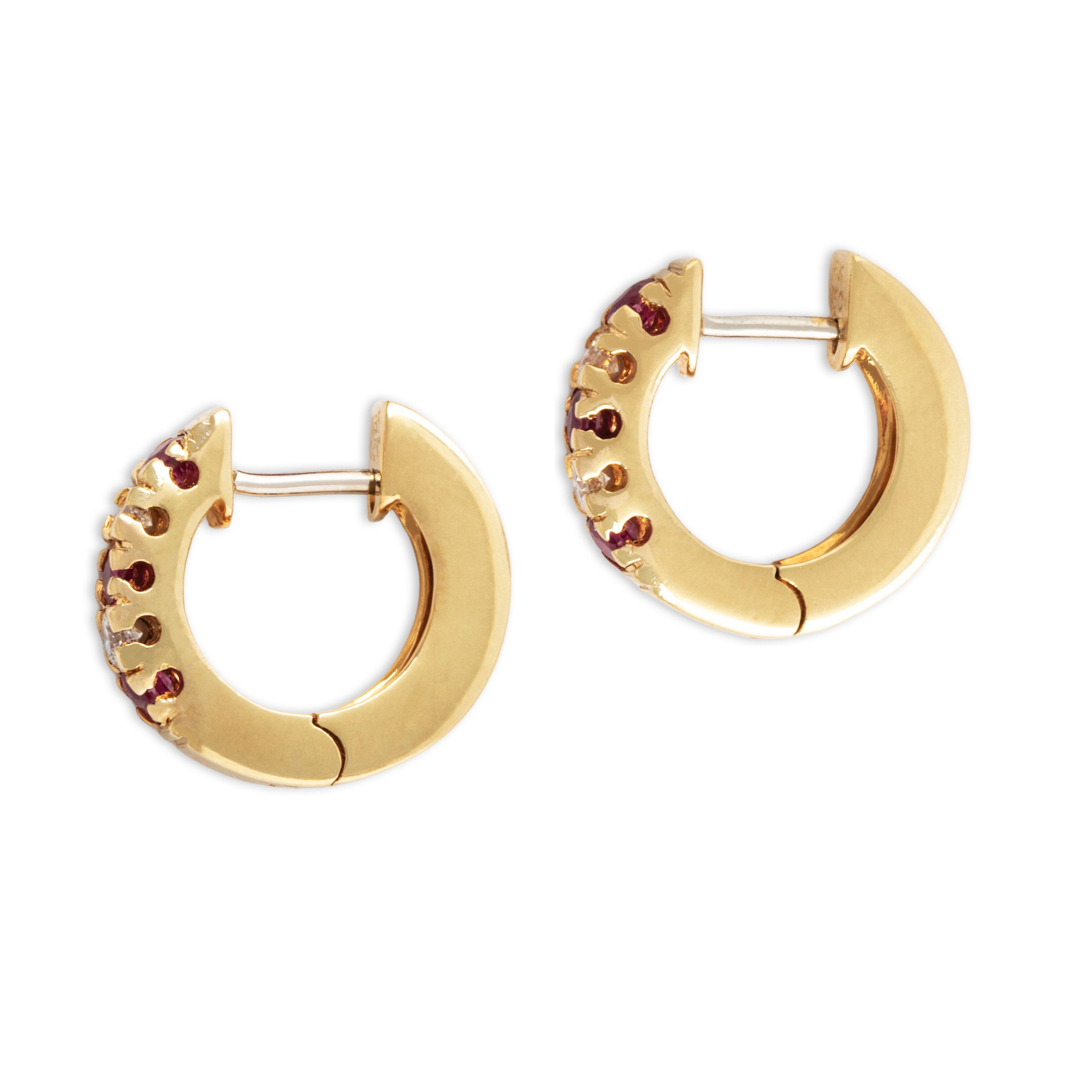 Vintage 18k Yellow Gold Ruby Diamond Stunning Alternating Small Hoop Earrings