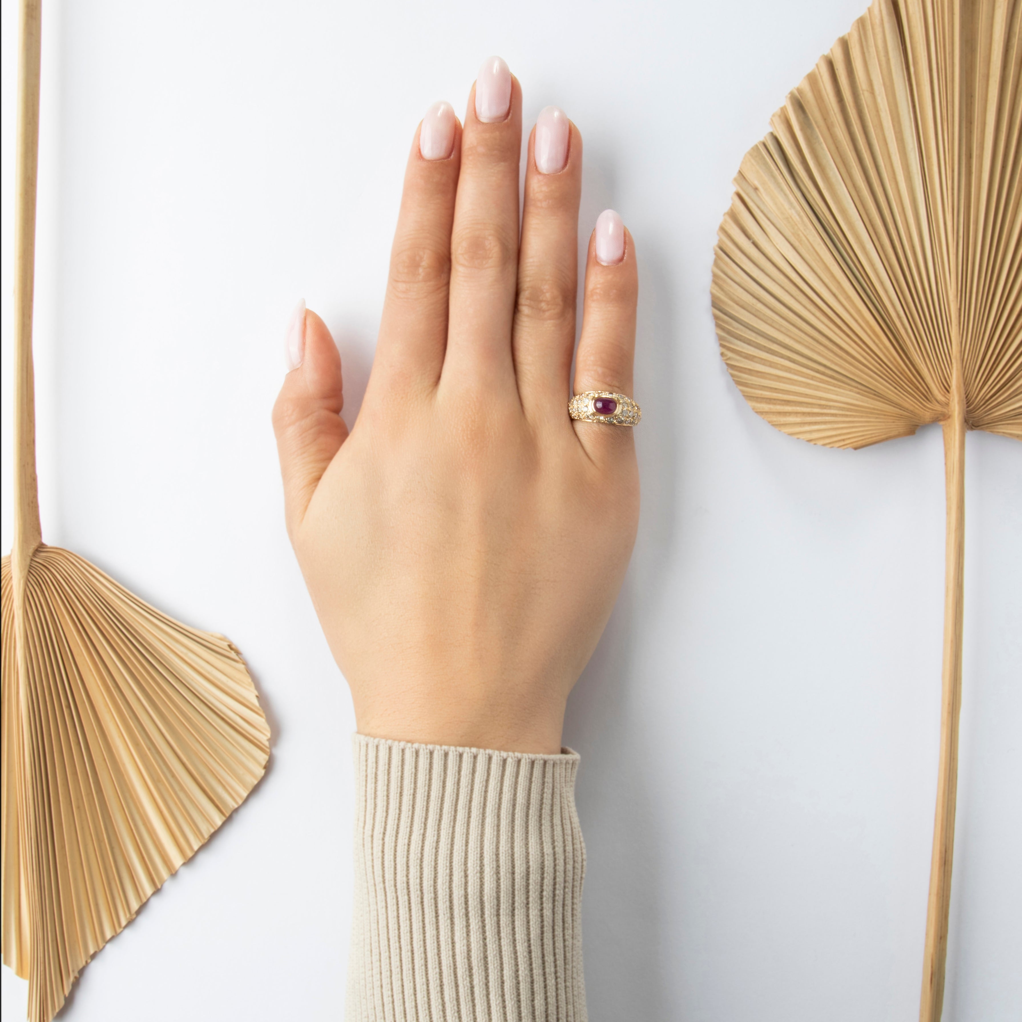 Vintage 14k Yellow Gold 1.3ct Ruby 1.622cttw Diamond Stunning Cabochon Ring - On model view