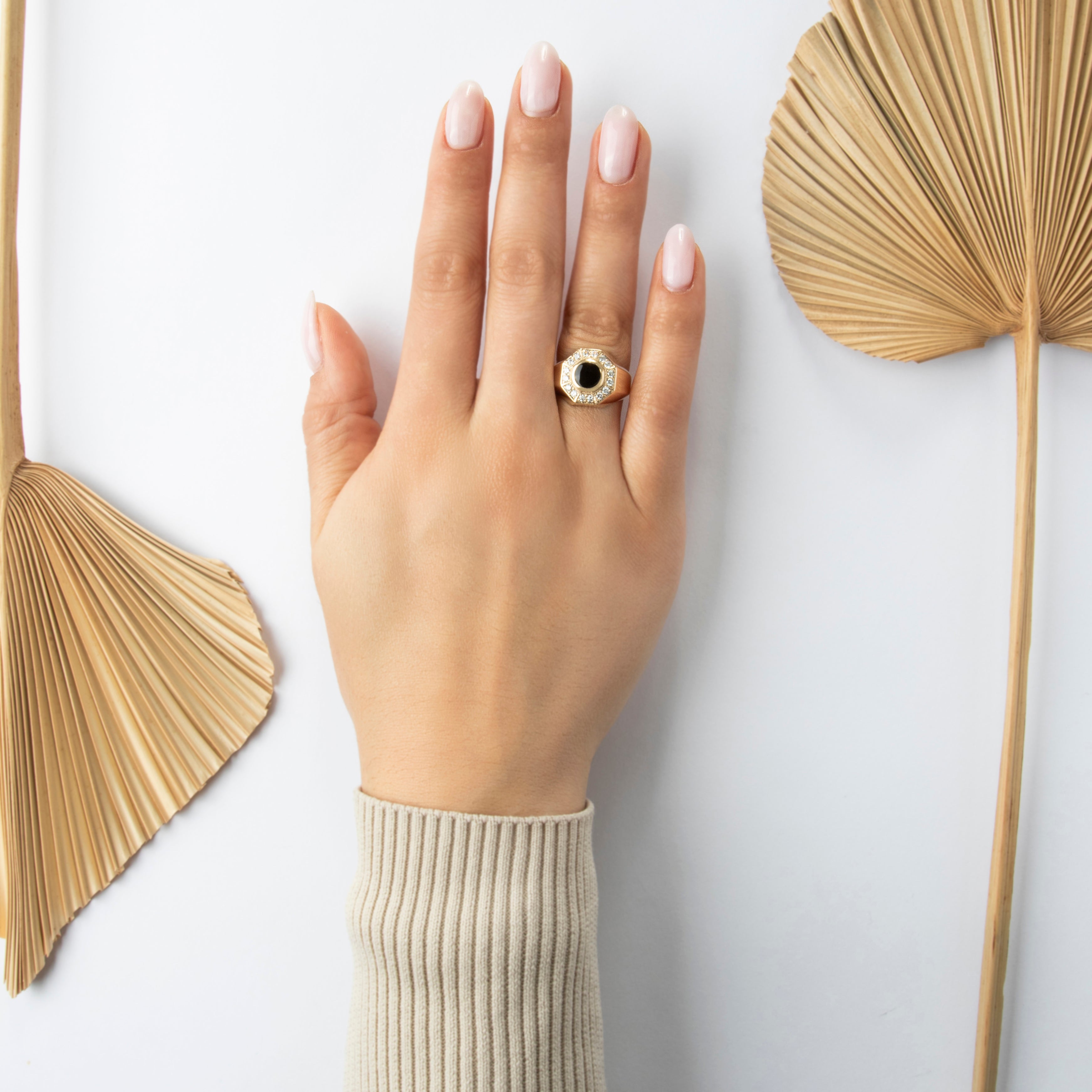 Vintage Heavy 10k Yellow Gold Onyx Diamond Striking Octagonal Halo Ring - On model view