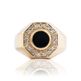 Vintage Heavy 10k Yellow Gold Onyx Diamond Striking Octagon Halo Ring 8.25