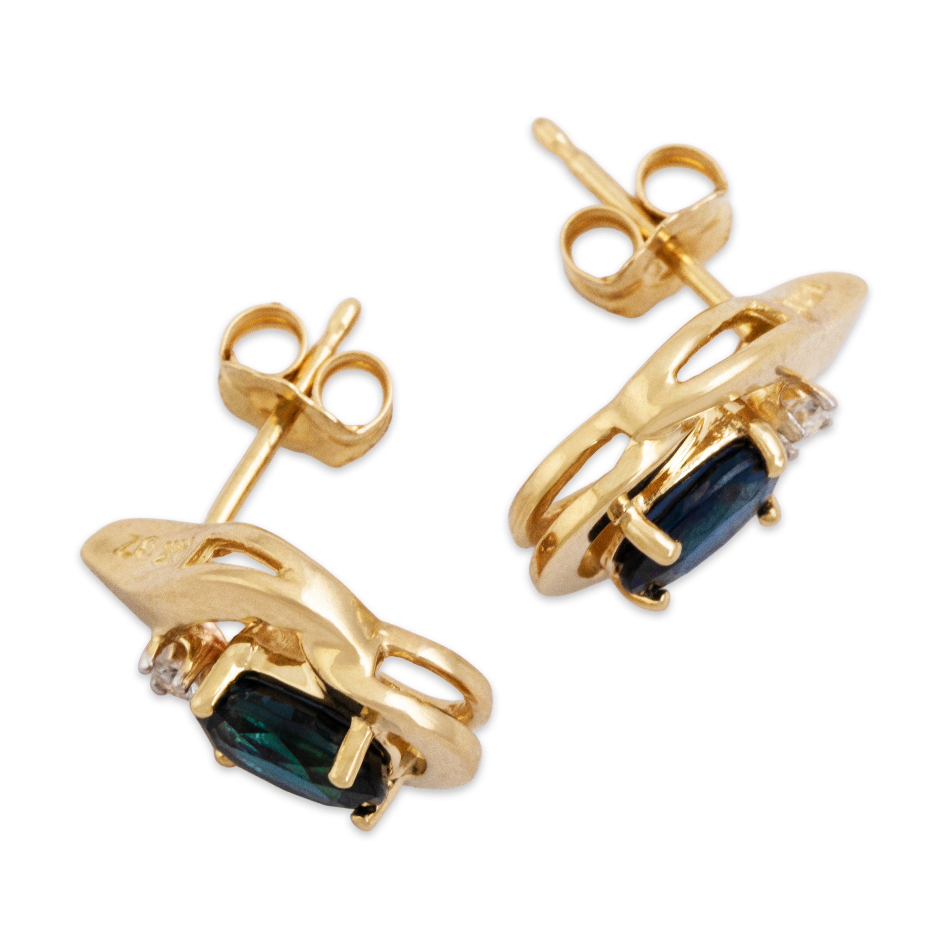 Vintage 14k Yellow Gold 1.1cttw Blue Sapphire Diamond Flourish Stud Earrings - Side view