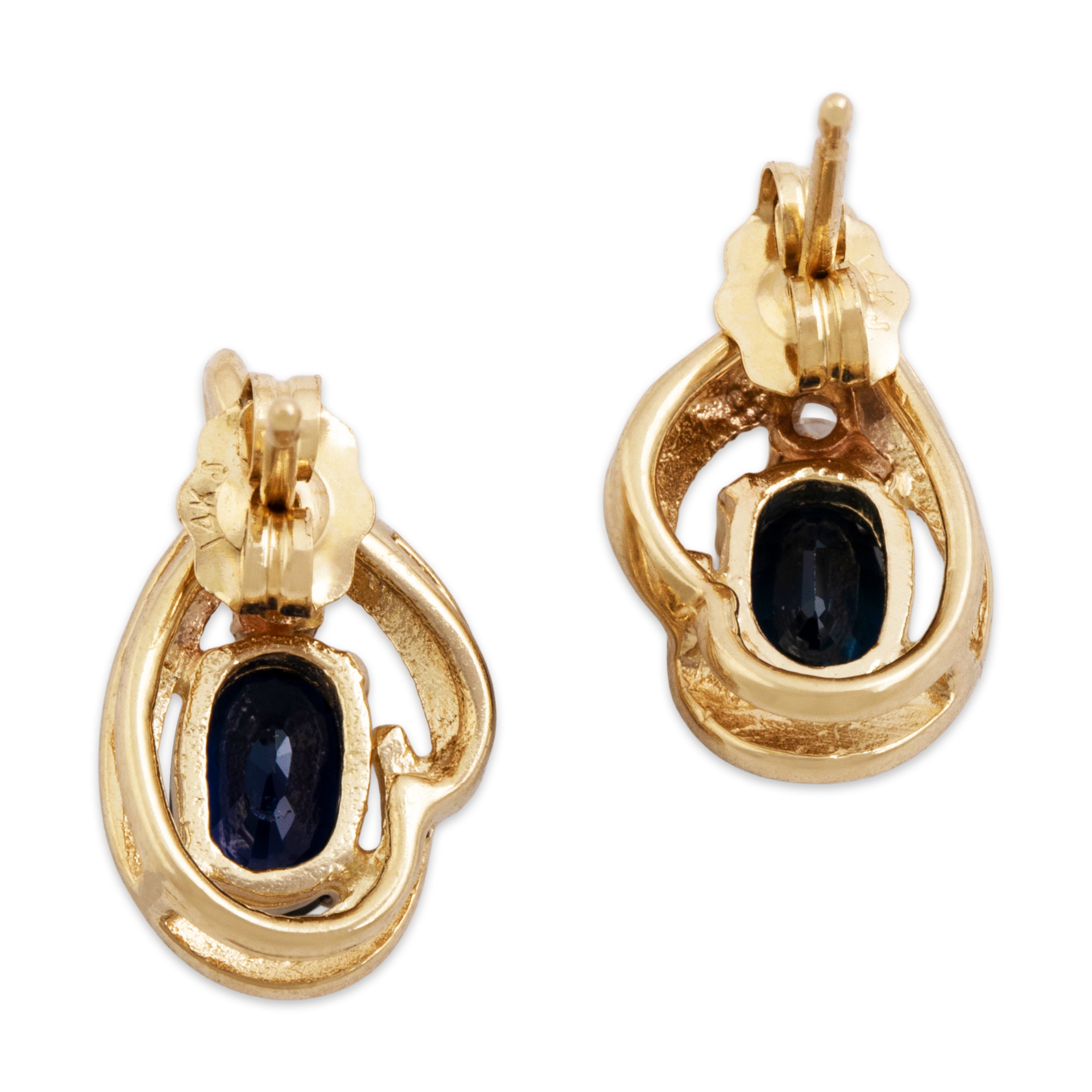 Vintage 14k Yellow Gold 1.1cttw Blue Sapphire Diamond Flourish Stud Earrings - Back view