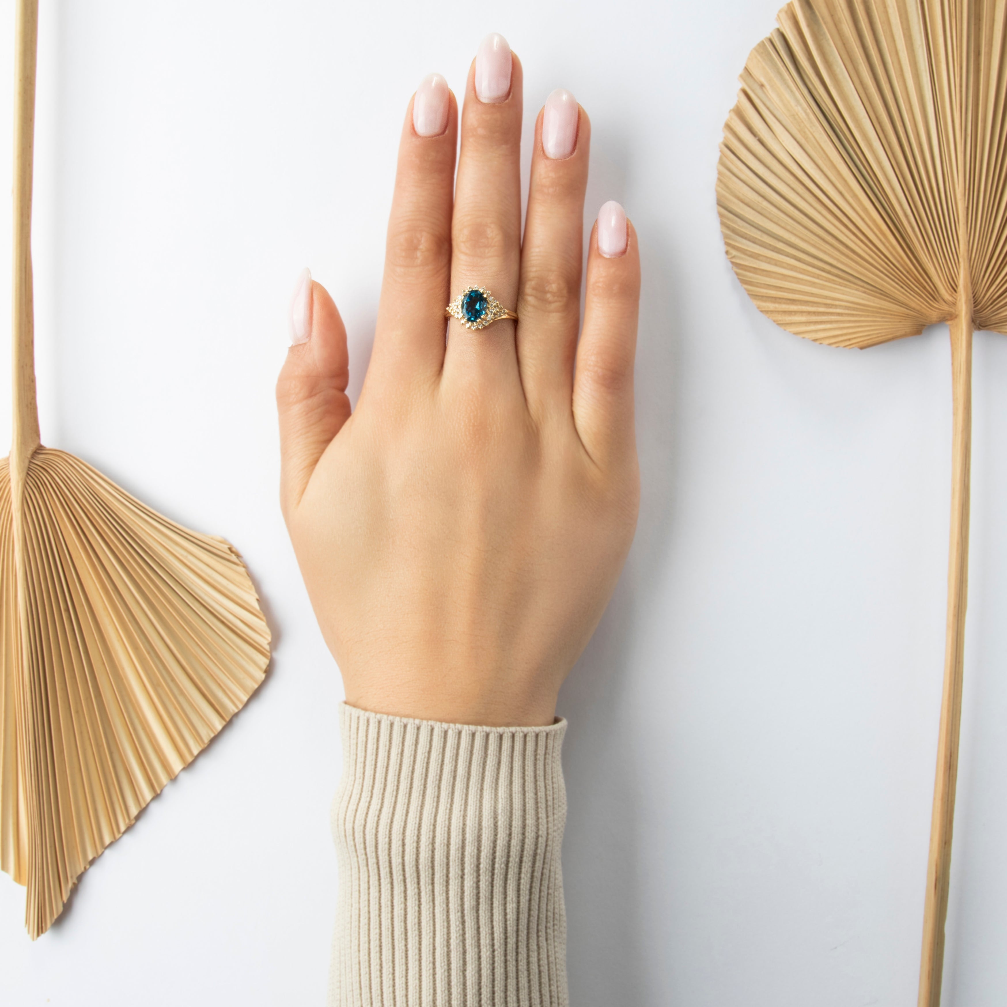 Vintage 14k Yellow Gold 2ct Topaz Diamond Lovely Step Halo Ring - On model view