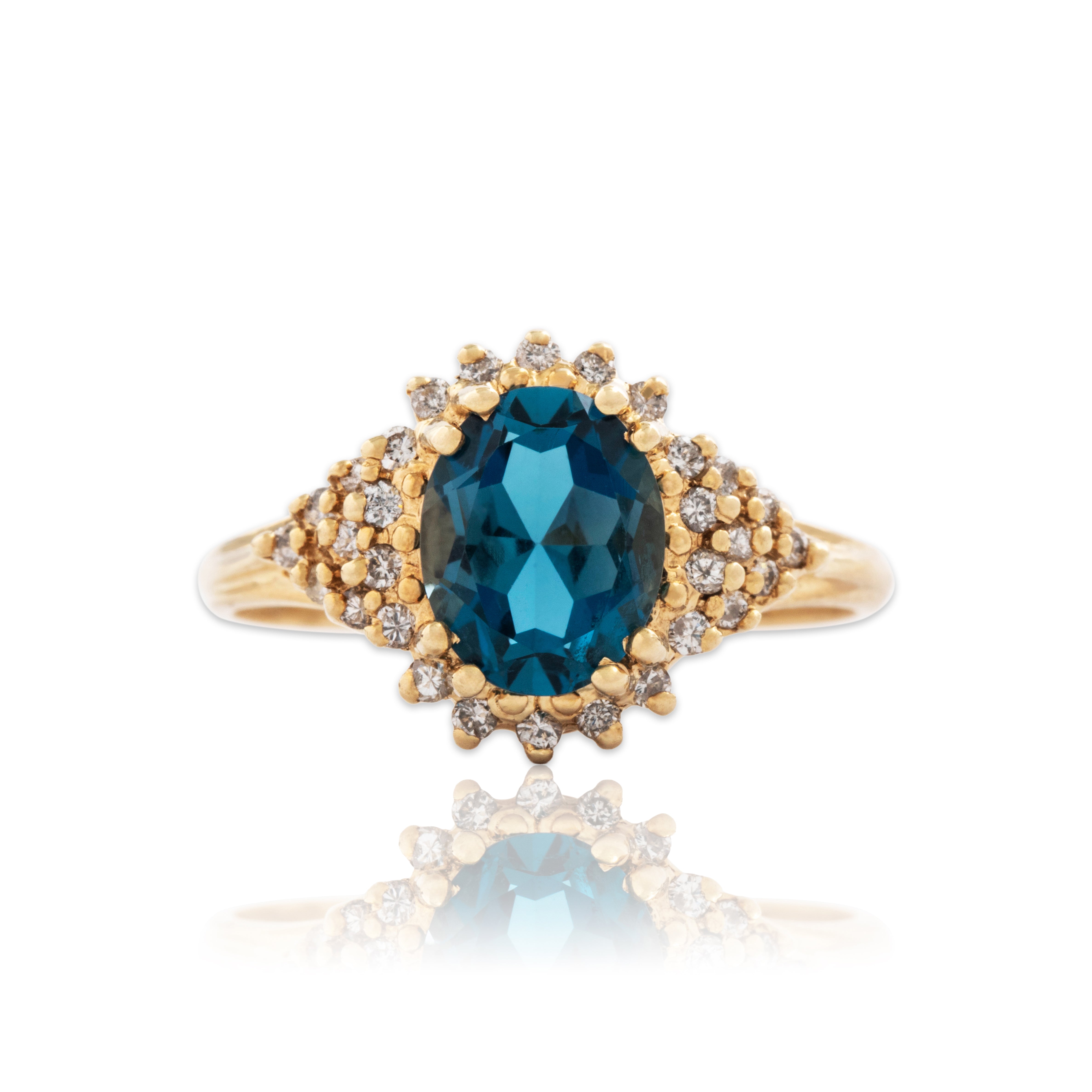 Vintage 14k Yellow Gold 2ct London Blue Topaz Diamond Step Halo Ring 9.25
