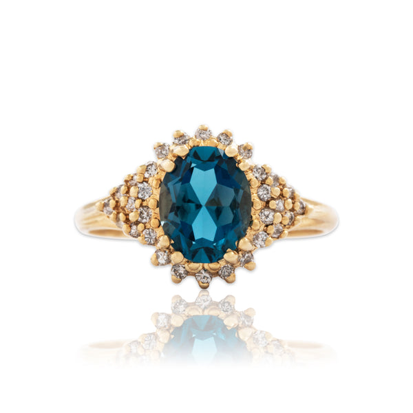 Vintage 14k Yellow Gold 2ct London Blue Topaz Diamond Step Halo Ring 9.25