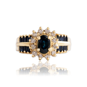 Vintage 14k Yellow Gold 1.8cttw Blue Sapphire Diamond Bold Border Ring 7.00