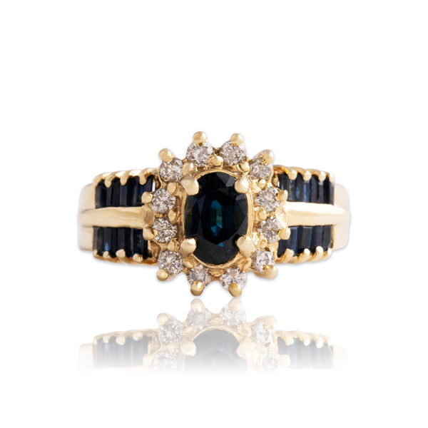 Vintage 14k Yellow Gold 1.8cttw Blue Sapphire Diamond Bold Border Ring 7.00