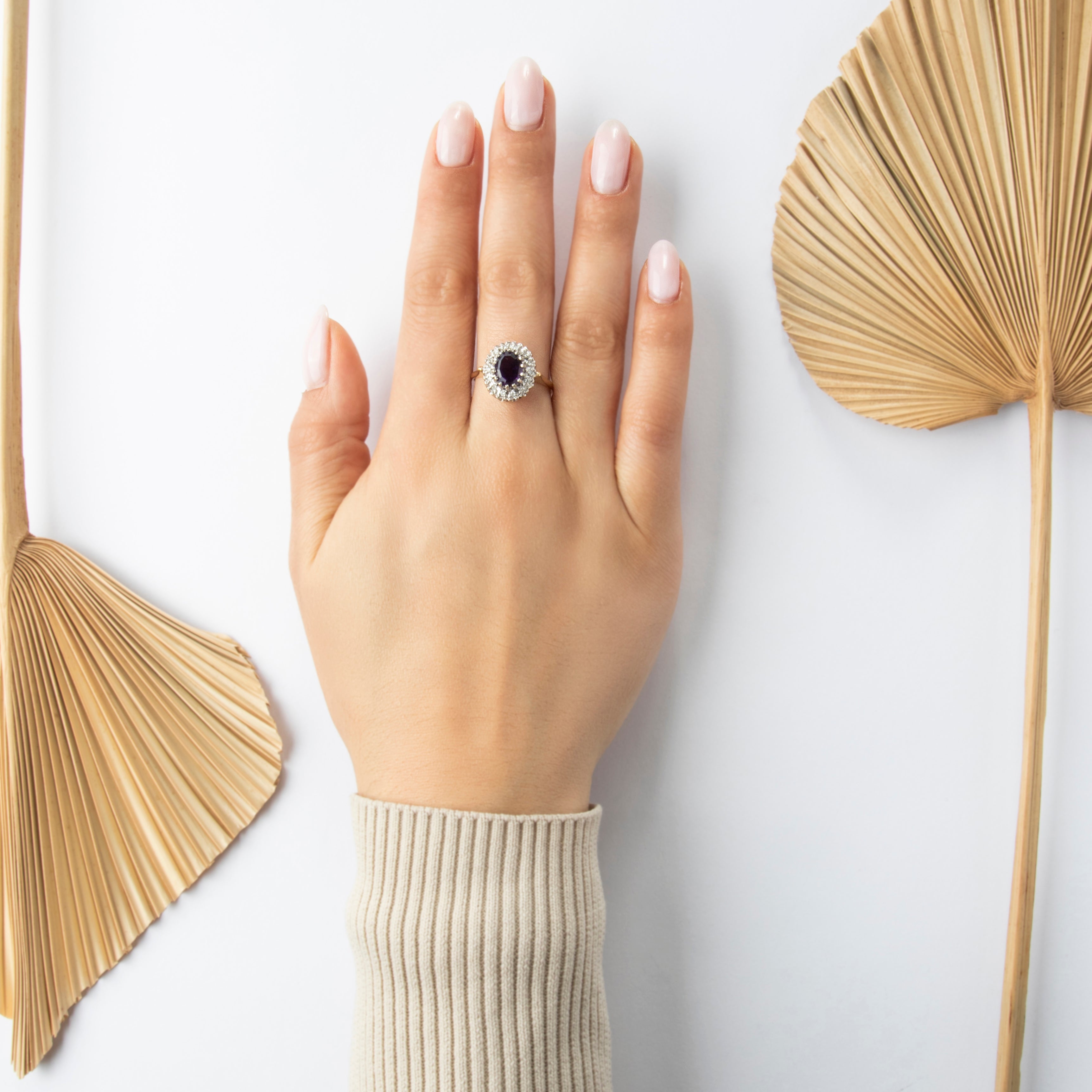 Vintage 14k Yellow Gold 1.5ct Amethyst Diamond Oval Halo Cocktail Ring - On model view