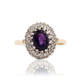 Vintage 14k Yellow Gold 1.5ct Amethyst Diamond Oval Halo Cocktail Ring