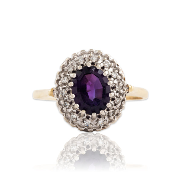 Vintage 14k Yellow Gold 1.5ct Amethyst Diamond Oval Halo Cocktail Ring