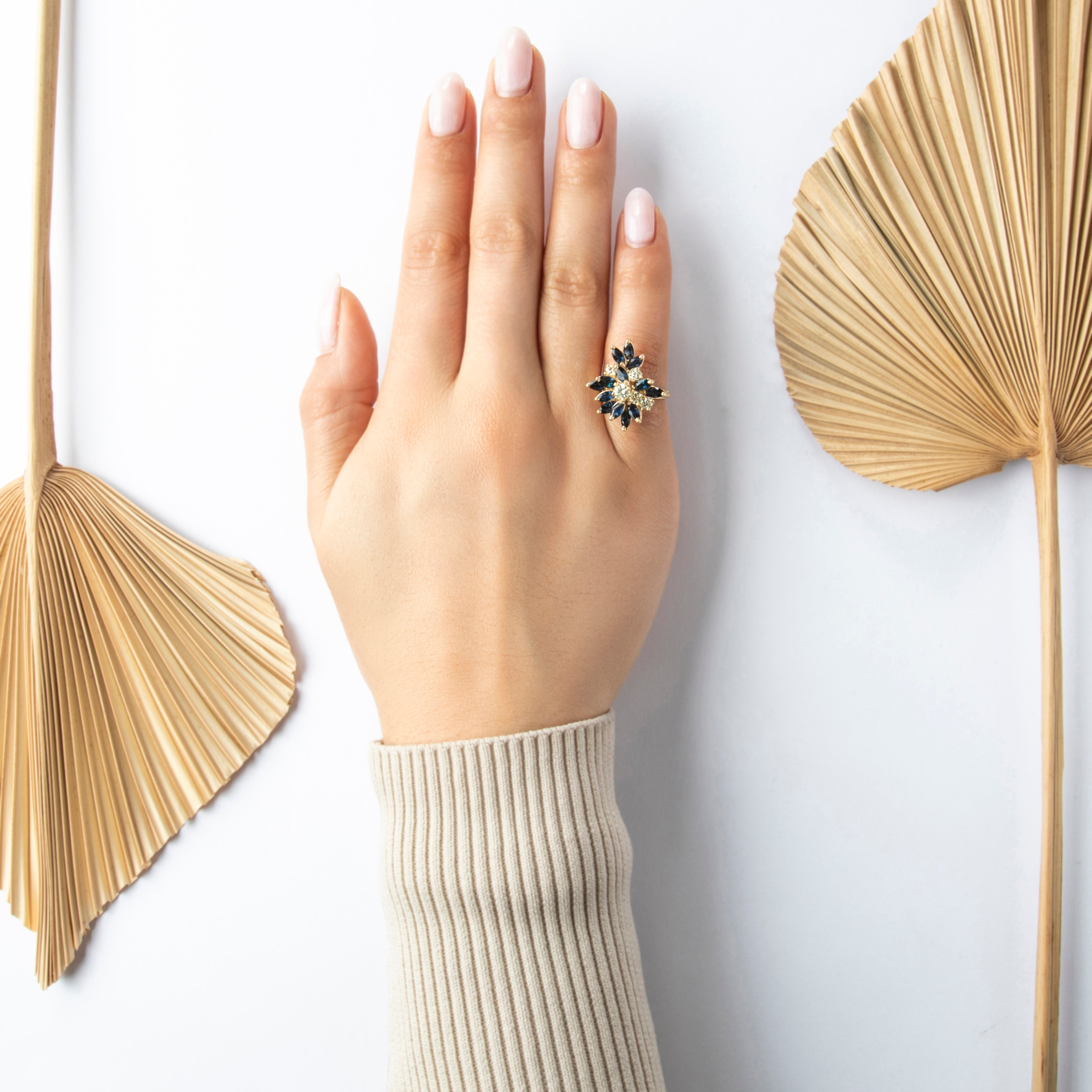 Vintage 14k Yellow Gold 1.4cttw Sapphire .606cttw Diamond Waterfall Ring - On model view