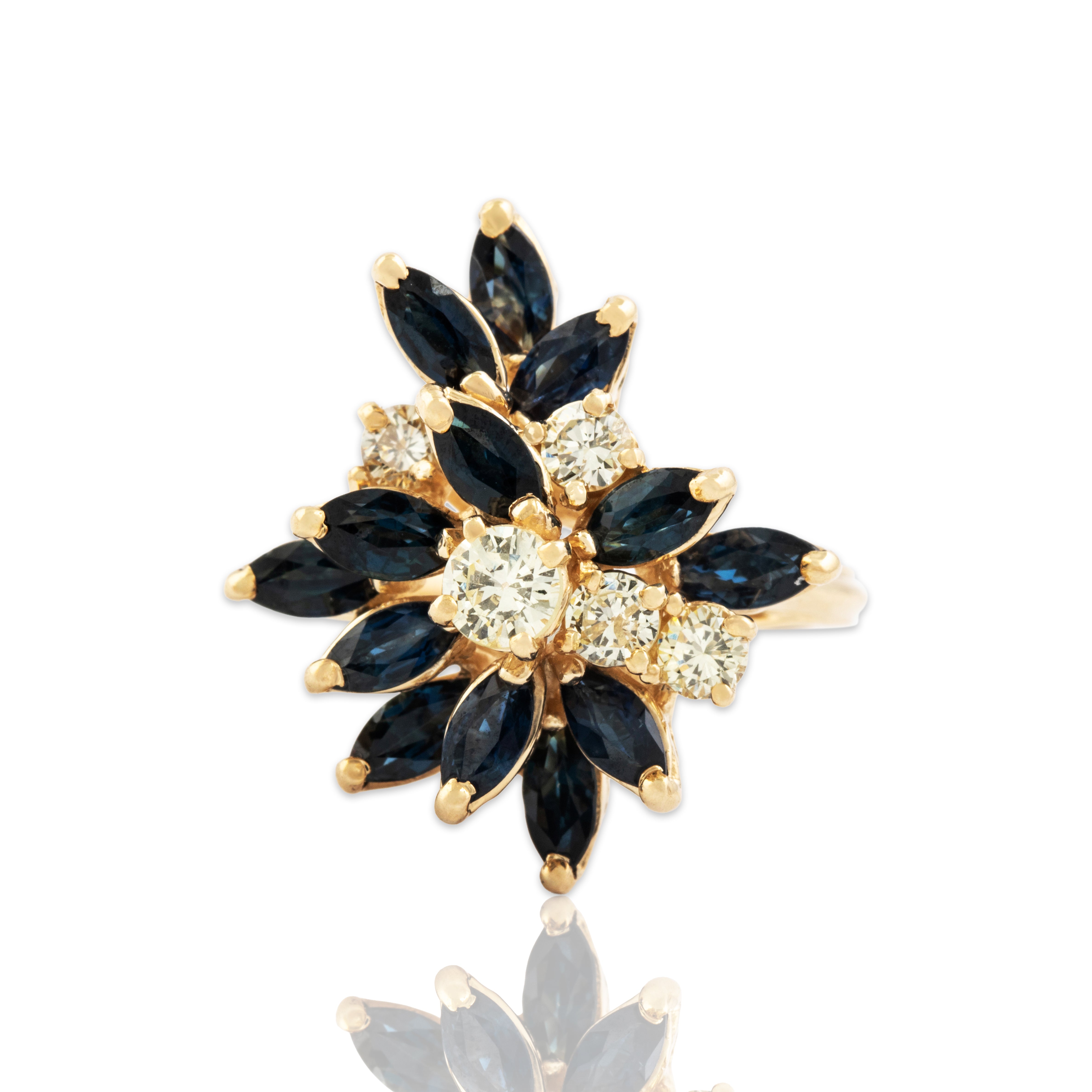 Vintage 14k Yellow Gold 1.4cttw Sapphire .606cttw Diamond Waterfall Ring - Close-up view