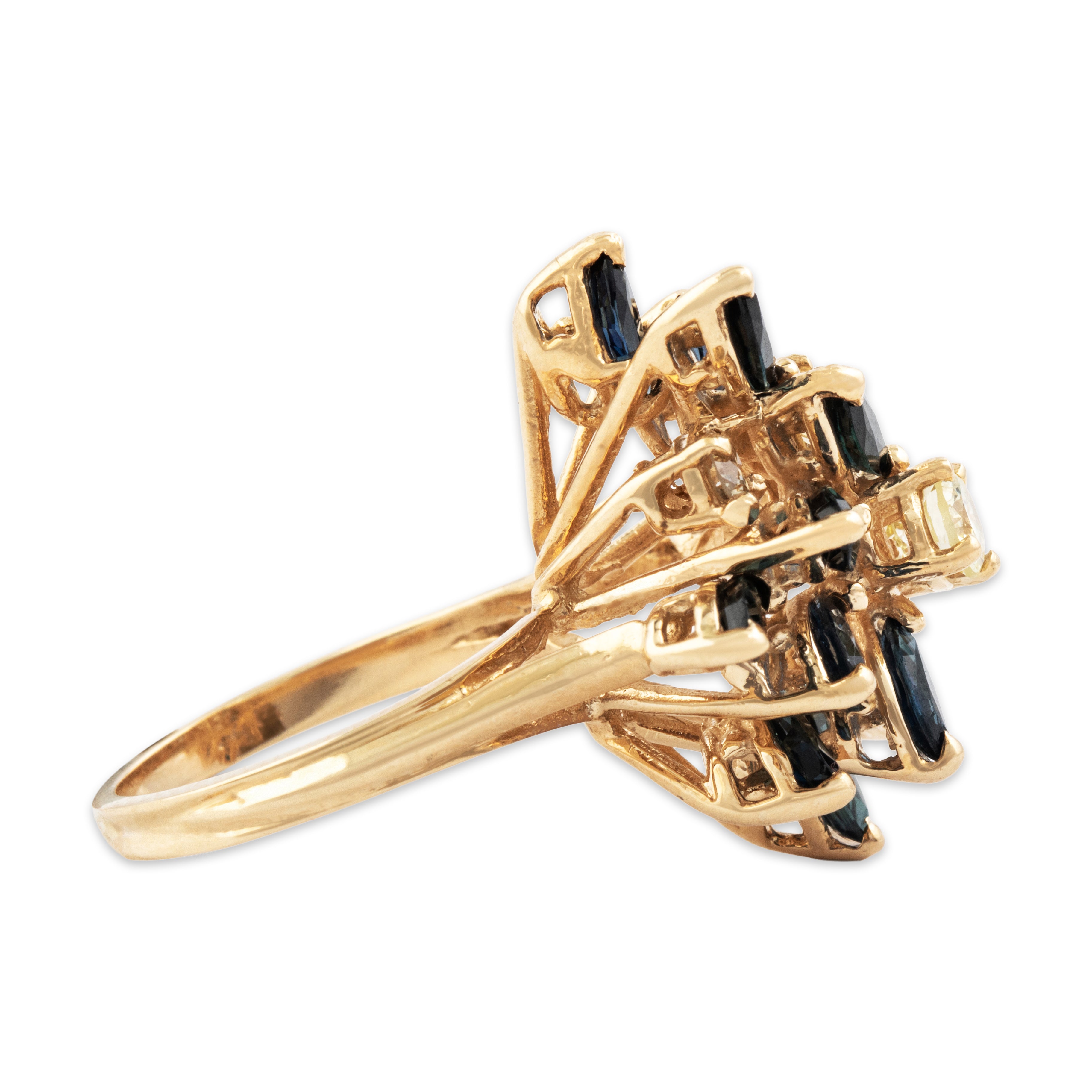 Vintage 14k Yellow Gold 1.4cttw Sapphire .606cttw Diamond Waterfall Ring - Side view