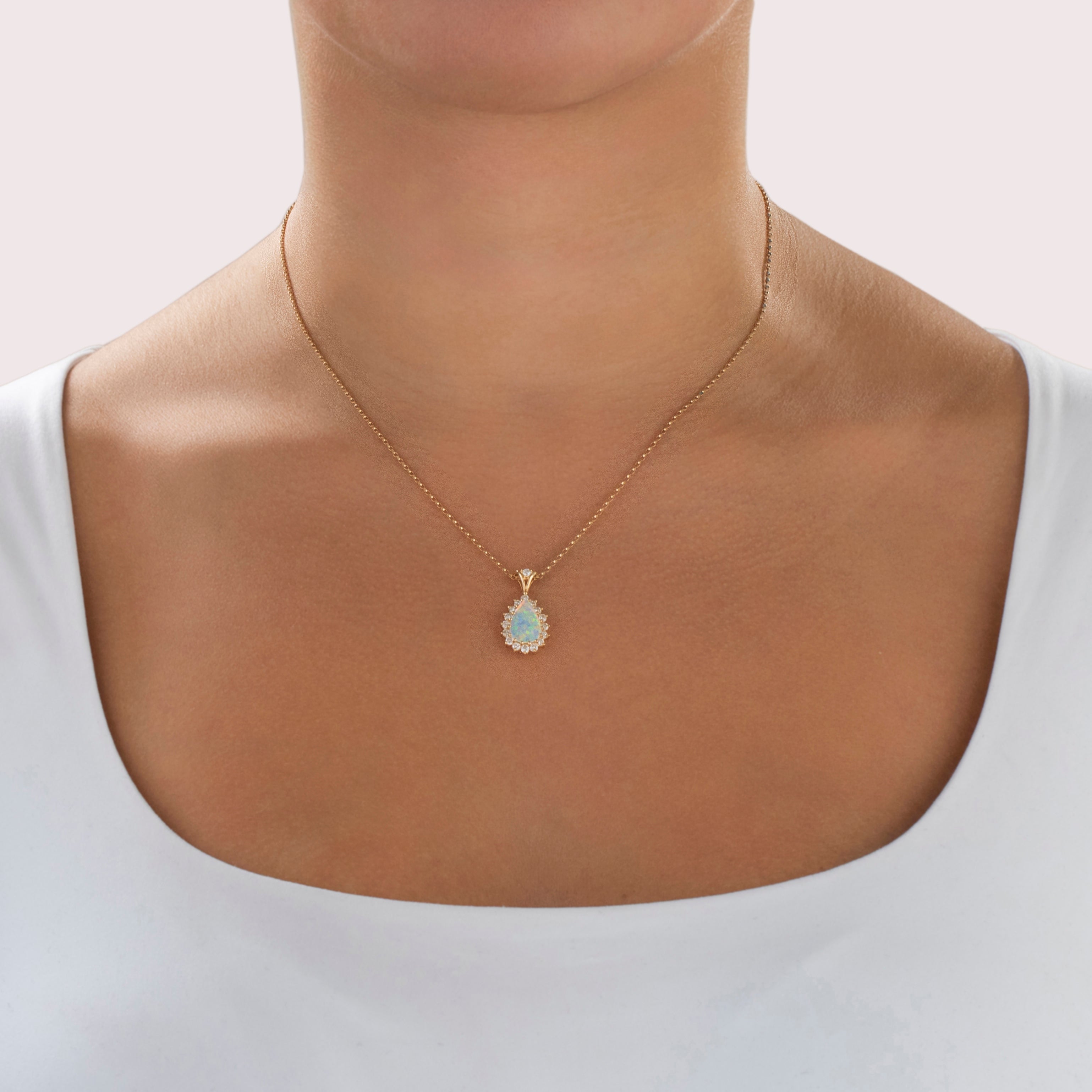 Vintage 14k Yellow Gold Opal .471cttw Diamond Accented Teardrop Halo Pendant - On model view