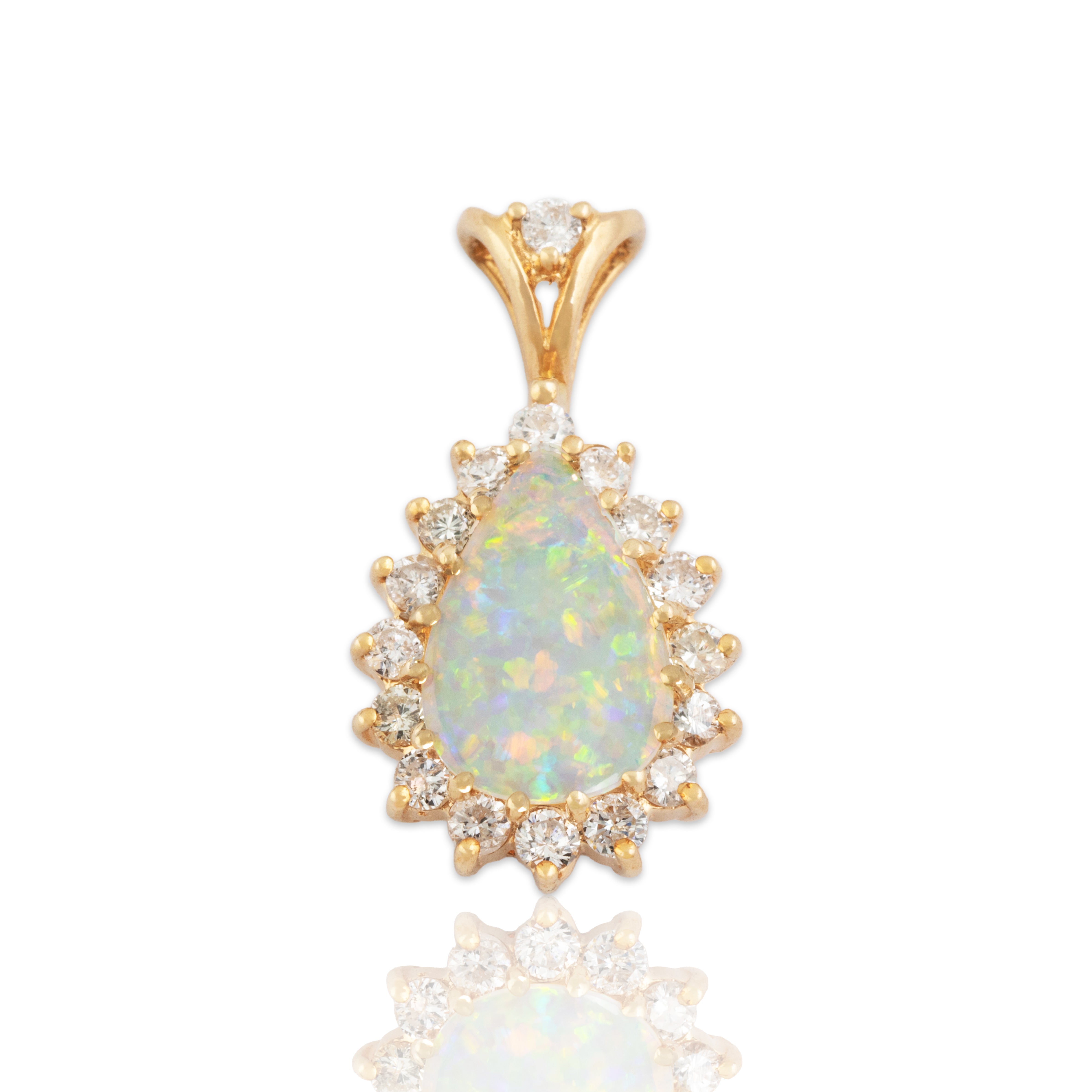 Vintage 14k Yellow Gold Opal .471cttw Diamond Accented Teardrop Halo Pendant - Close-up view