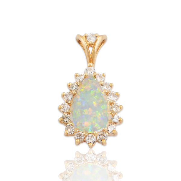 Vintage 14k Yellow Gold .7ct Opal .471cttw Diamond Pretty Teardrop Halo Pendant