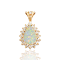 Vintage 14k Yellow Gold .7ct Opal .471cttw Diamond Pretty Teardrop Halo Pendant