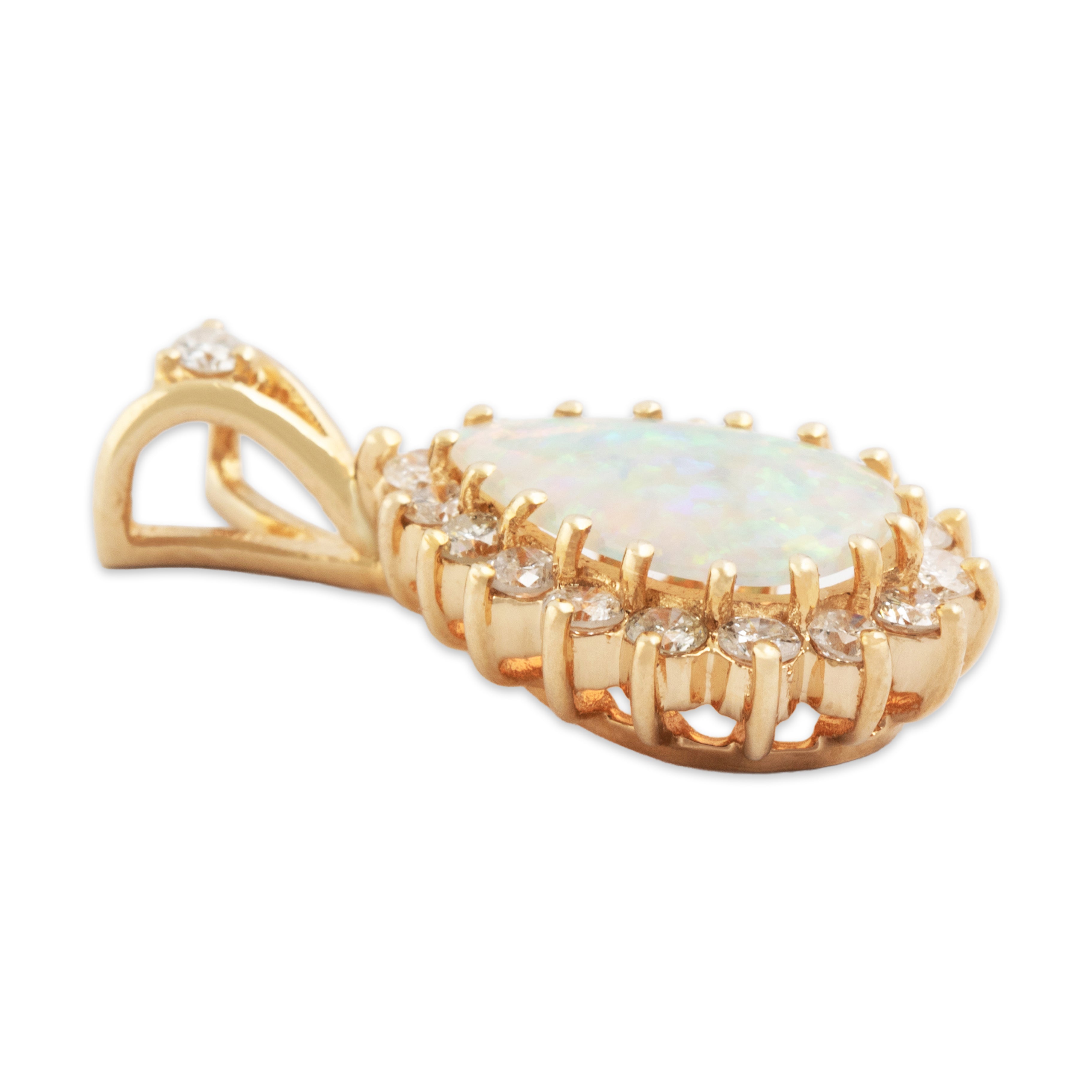 Vintage 14k Yellow Gold Opal .471cttw Diamond Accented Teardrop Halo Pendant - Side view