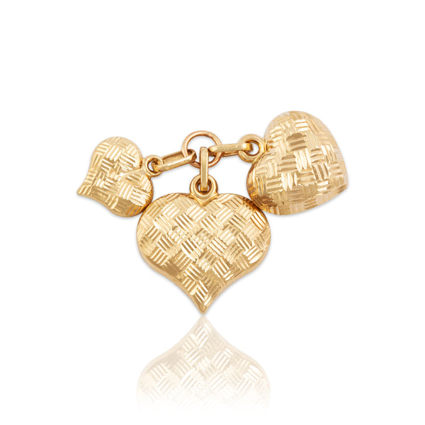 Vintage 14k Yellow Gold Fanciful Basket Weave Heart Trio Charm / Pendant