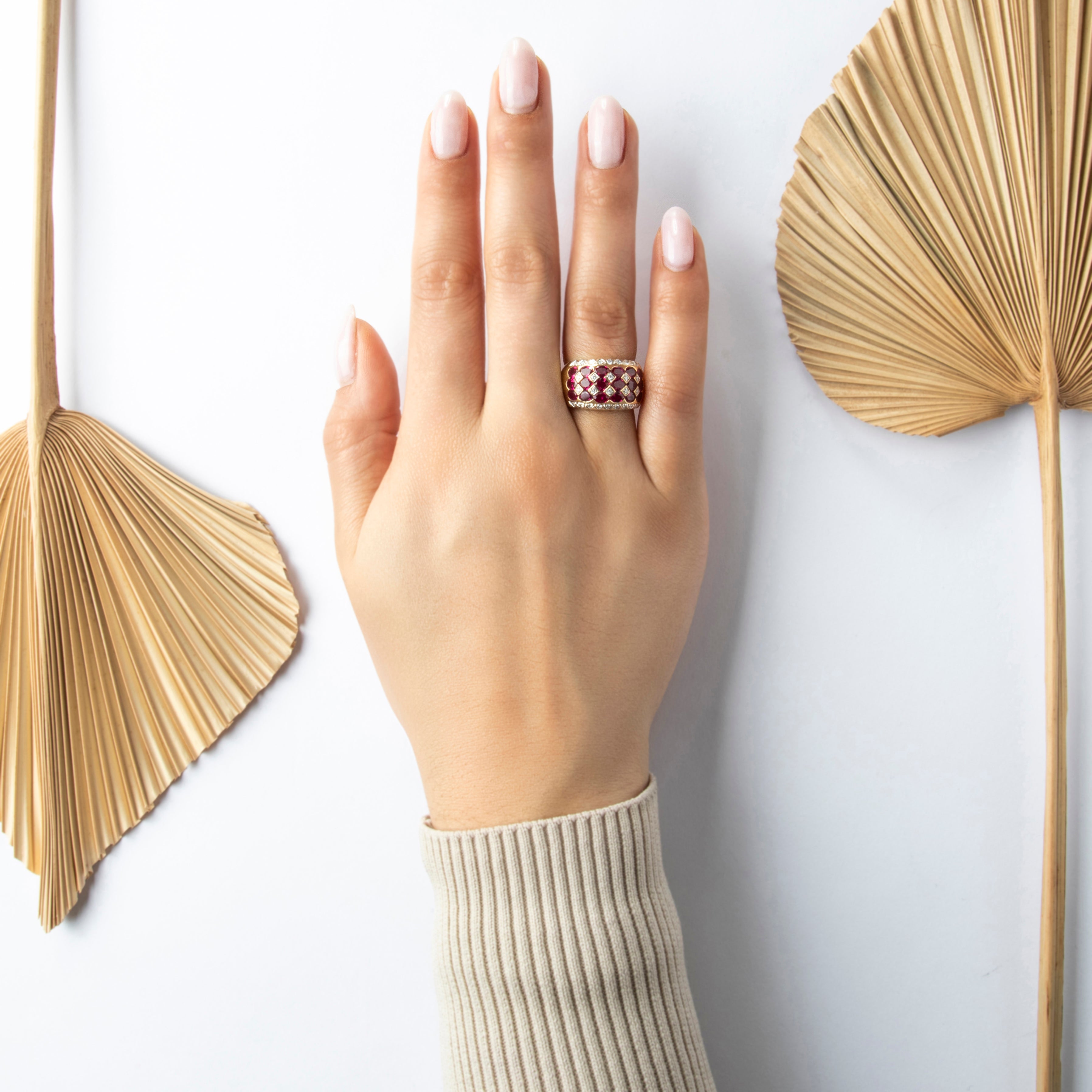 Vintage Heavy 18k Yellow Gold 3.06cttw Ruby Diamond Superb Wide Band Ring - On model view