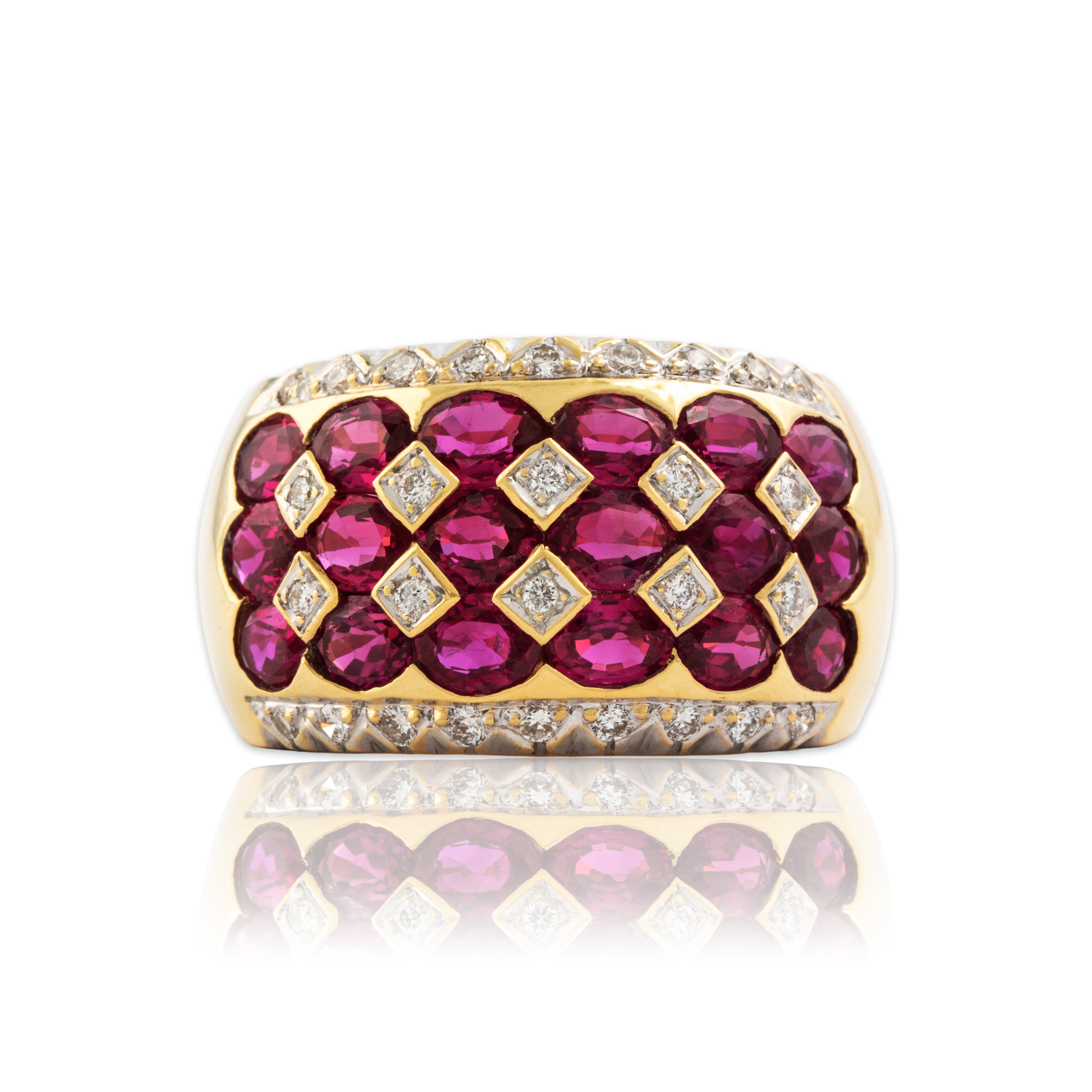 Vintage Heavy 18k Yellow Gold 3.06cttw Ruby Diamond Superb Wide Band Ring - Close-up view