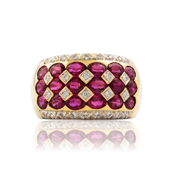 Vintage Heavy 18k Yellow Gold 3.06cttw Ruby Diamond Superb Wide Ring 7.00