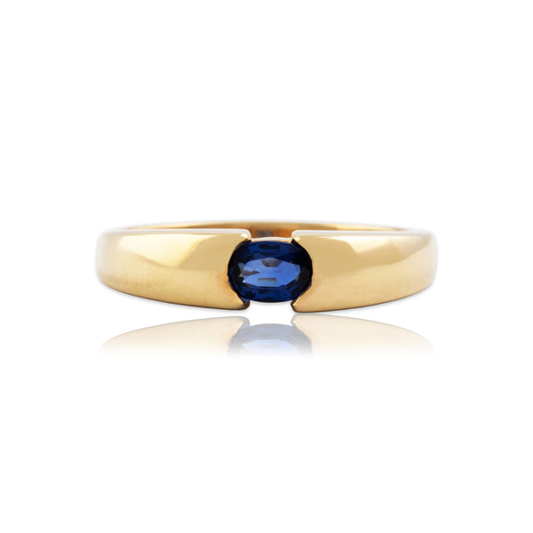Vintage 14k Yellow Gold Blue Sapphire Sleek East-West Half-Bezel Ring 8.50