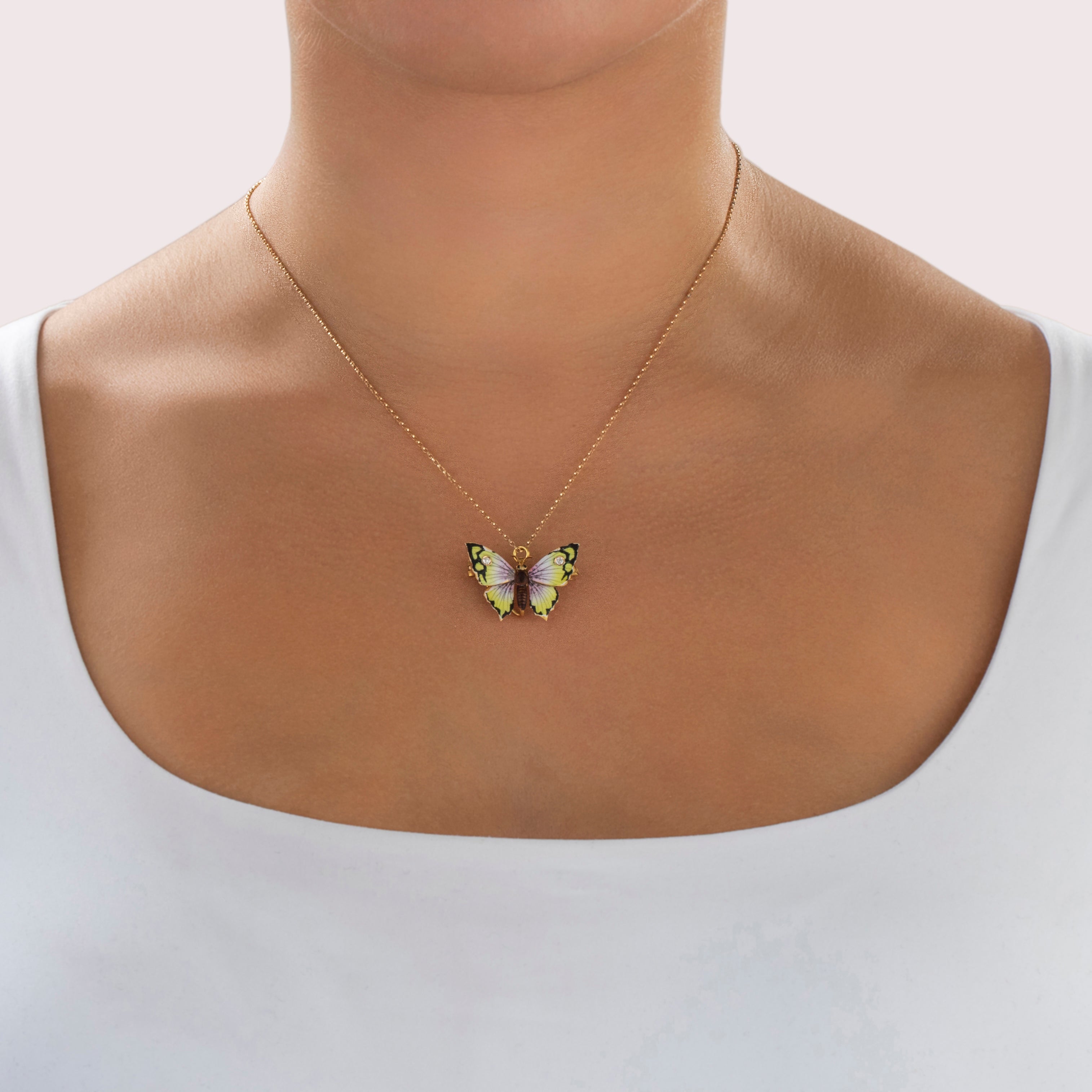 Antique Stunning 14k Yellow Gold Old Mine Diamond Fantastic Colorful Enamel Pin / Pendant - On model view