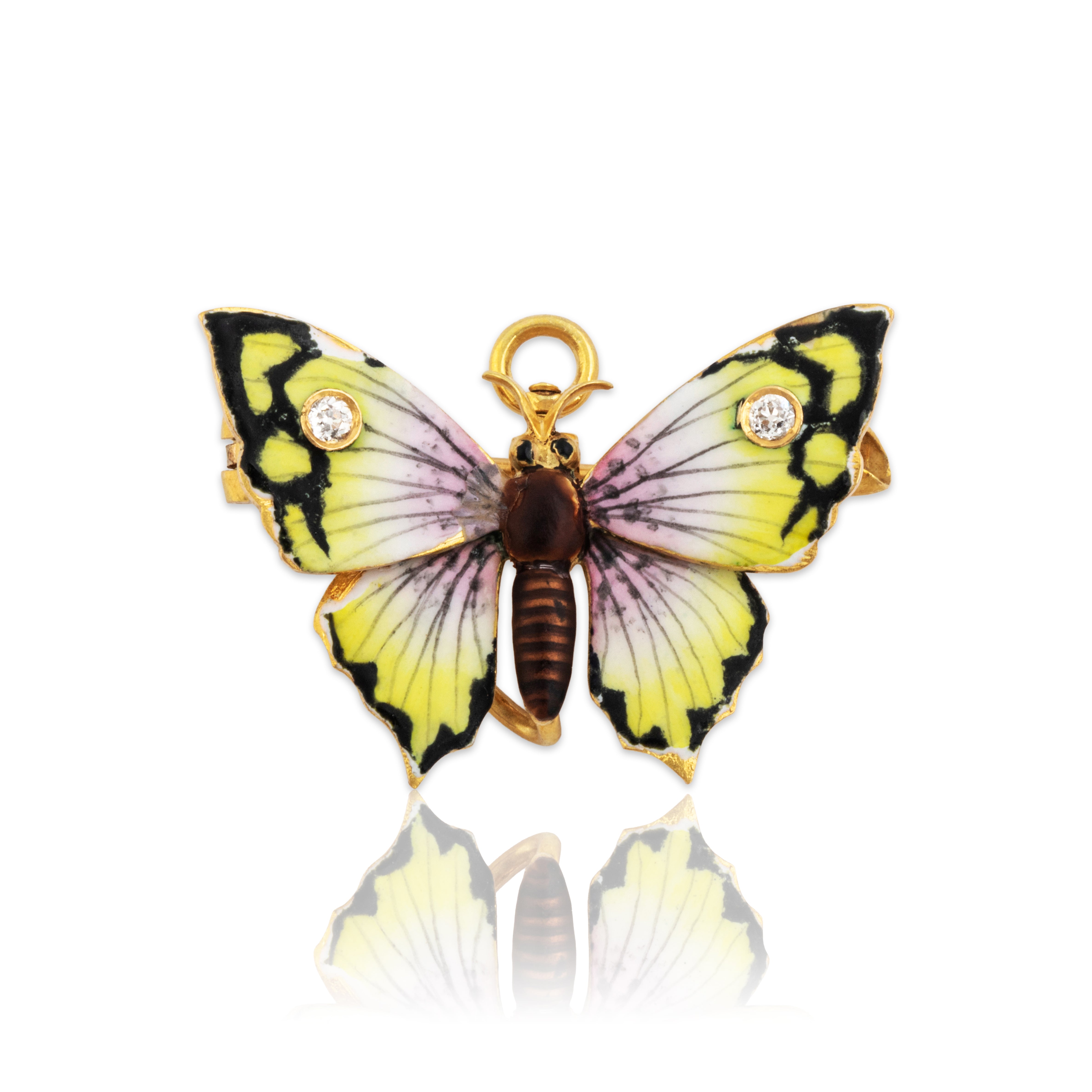 Antique Stunning 14k Yellow Gold Old Mine Diamond Fantastic Colorful Enamel Pin / Pendant - Close-up view