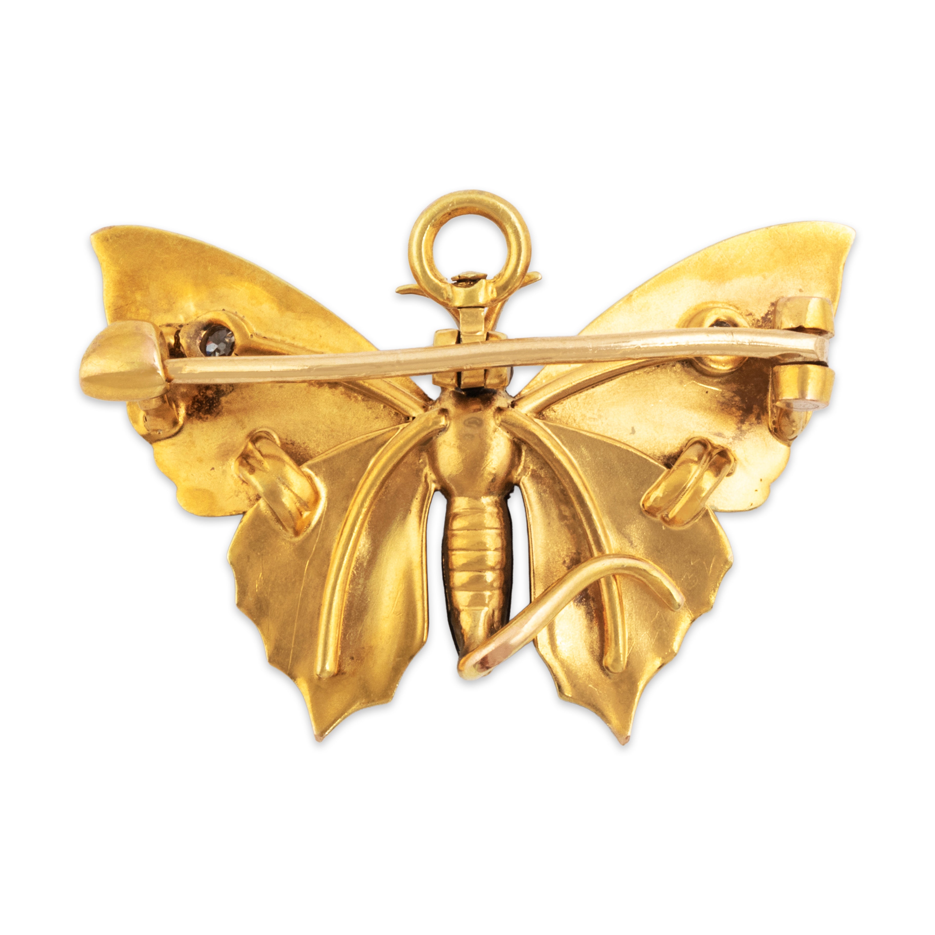 Antique Stunning 14k Yellow Gold Old Mine Diamond Fantastic Colorful Enamel Pin / Pendant - Back view