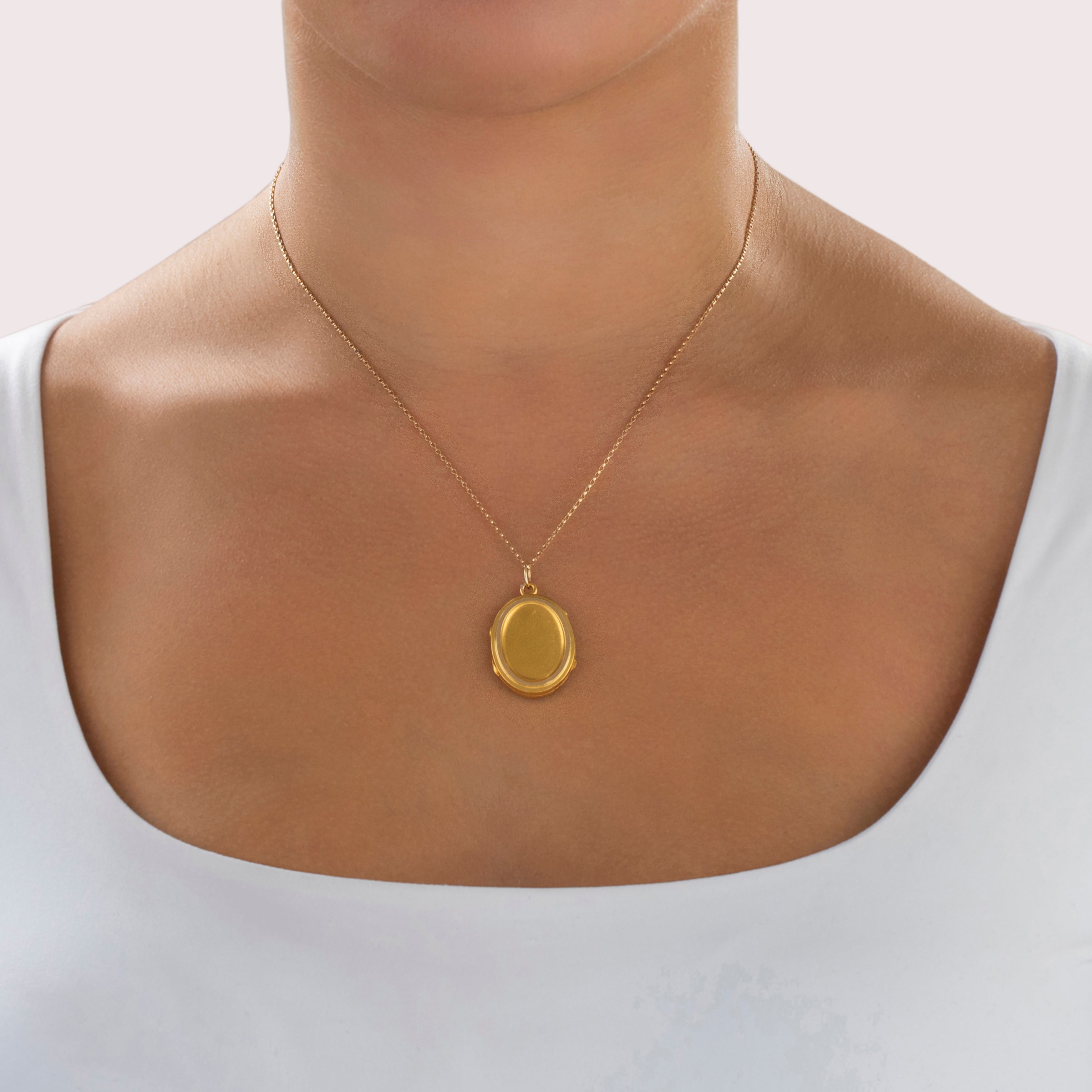Antique 14k Yellow Gold Incredible Classic Oval Locket Pendant - On model view
